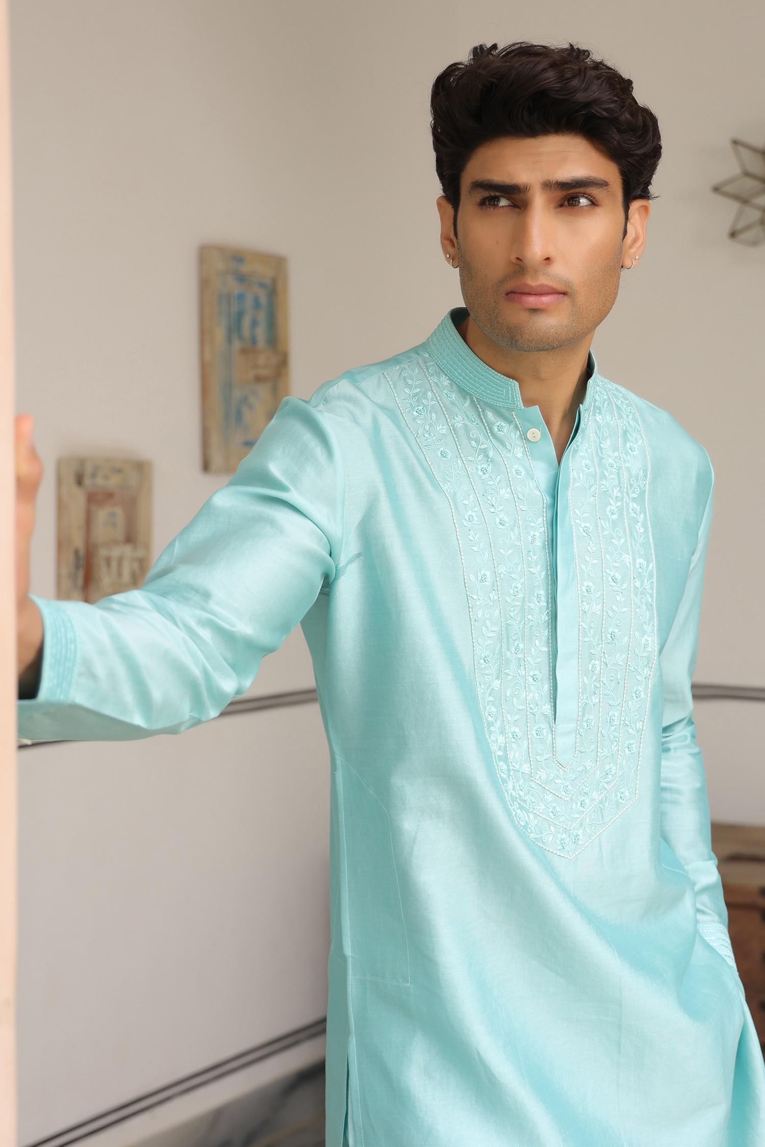 Kurta Set Blue Chanderi Silk Embroidery Light Floral