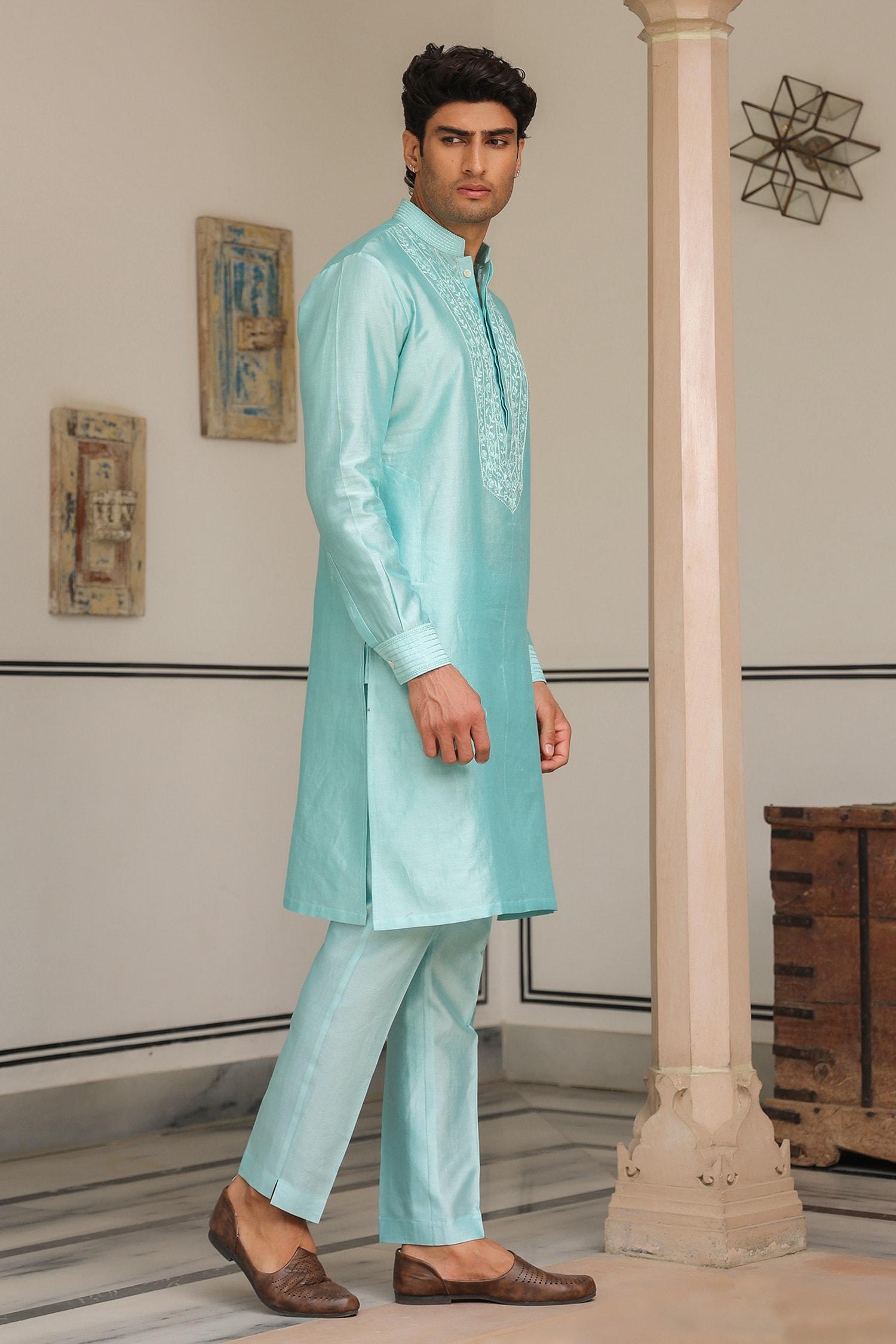 Kurta Set Blue Chanderi Silk Embroidery Light Floral