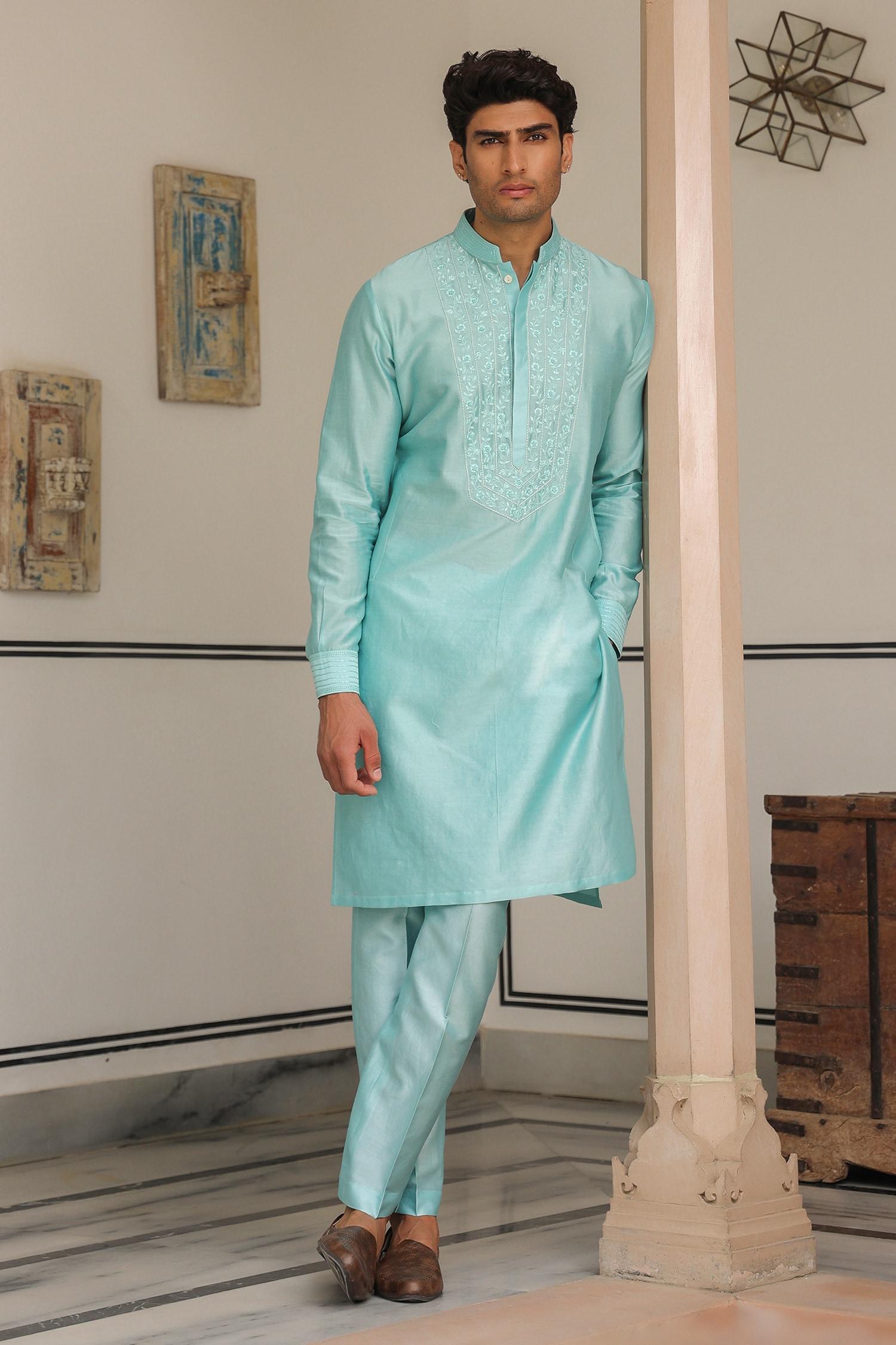 Kurta Set Blue Chanderi Silk Embroidery Light Floral