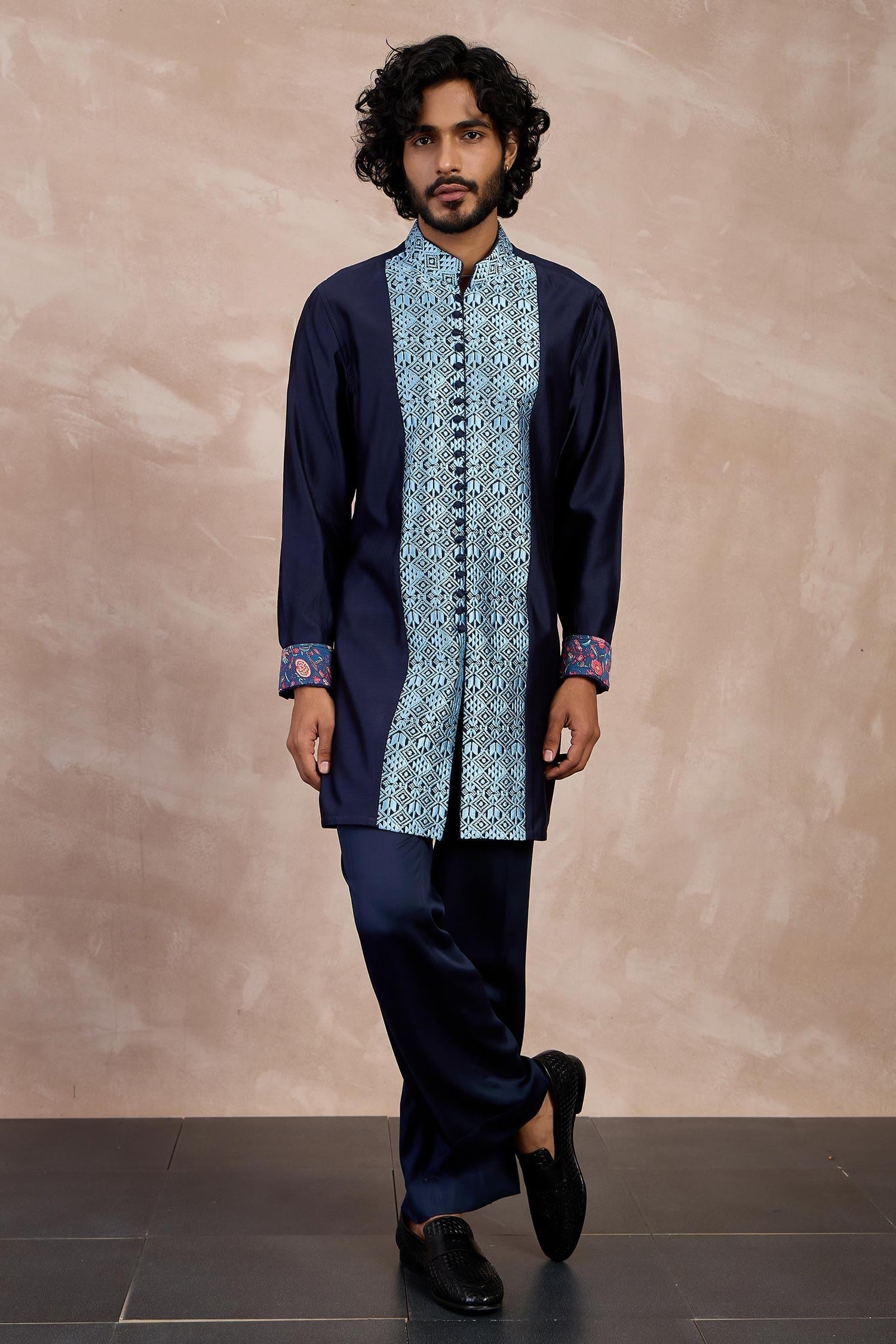 Kurta With Pant Blue Chanderi Silk Print Chintz