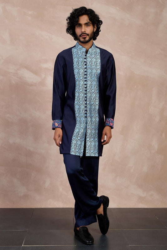 Kurta With Pant Blue Chanderi Silk Print Chintz