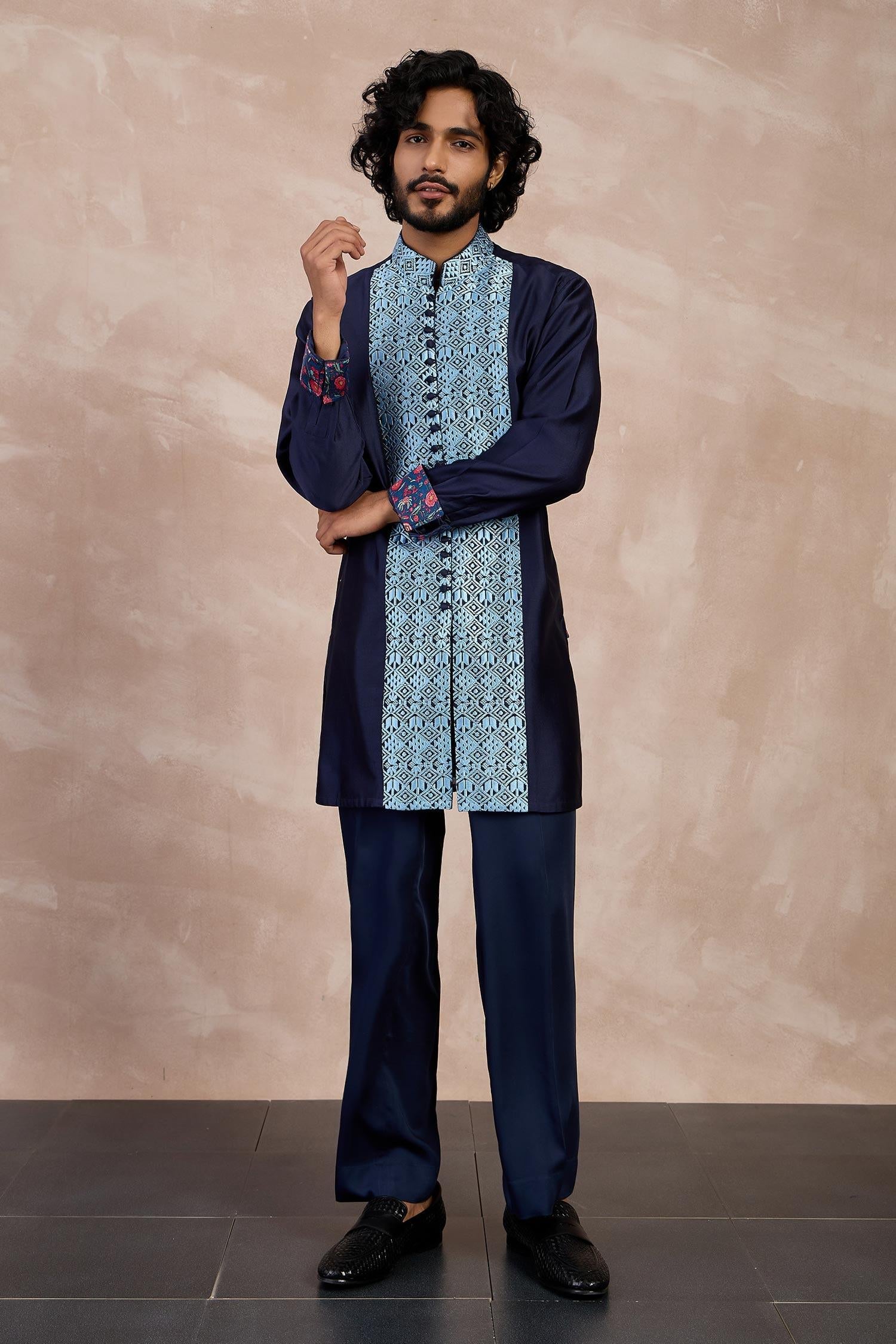 Kurta With Pant Blue Chanderi Silk Print Chintz