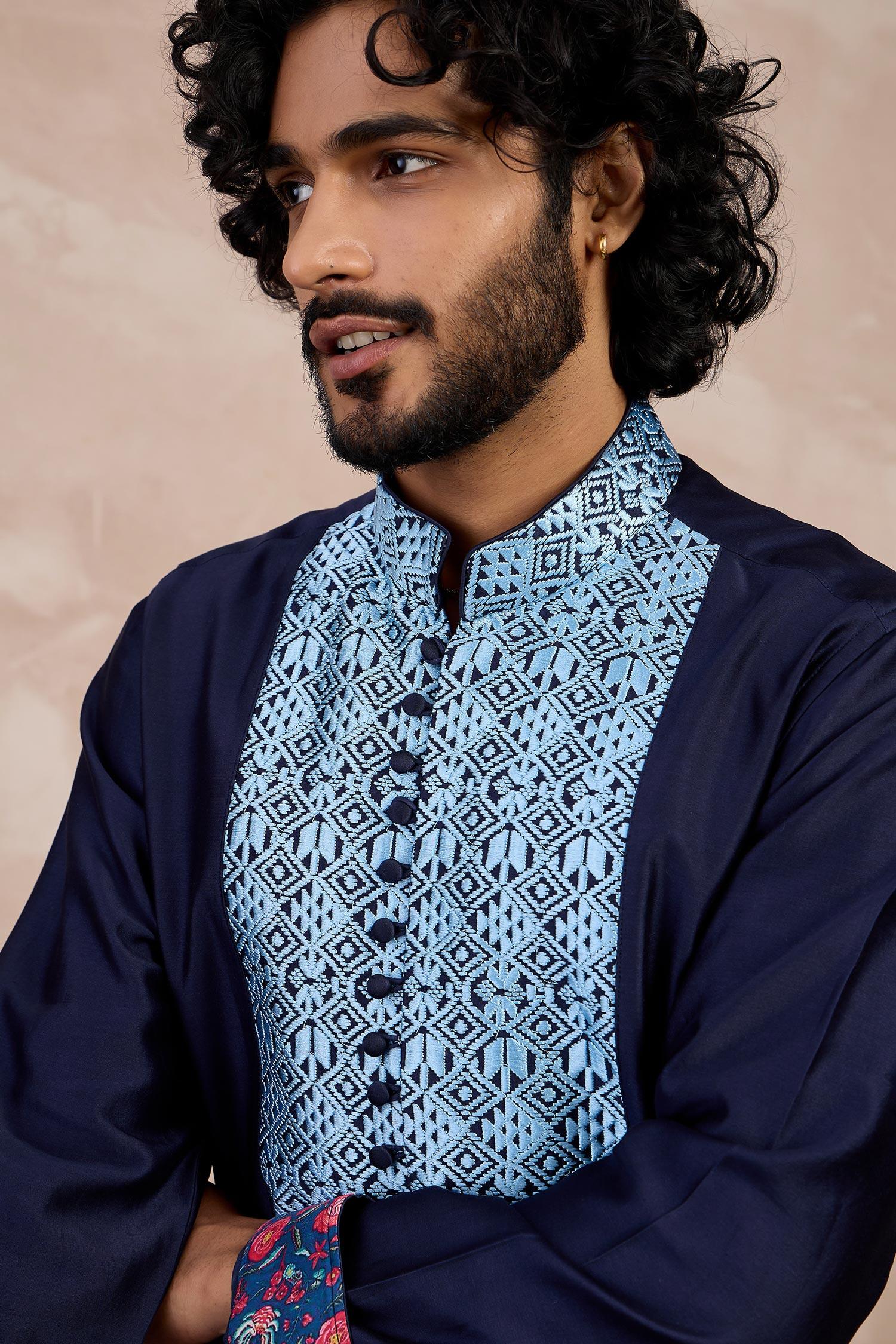 Kurta With Pant Blue Chanderi Silk Print Chintz