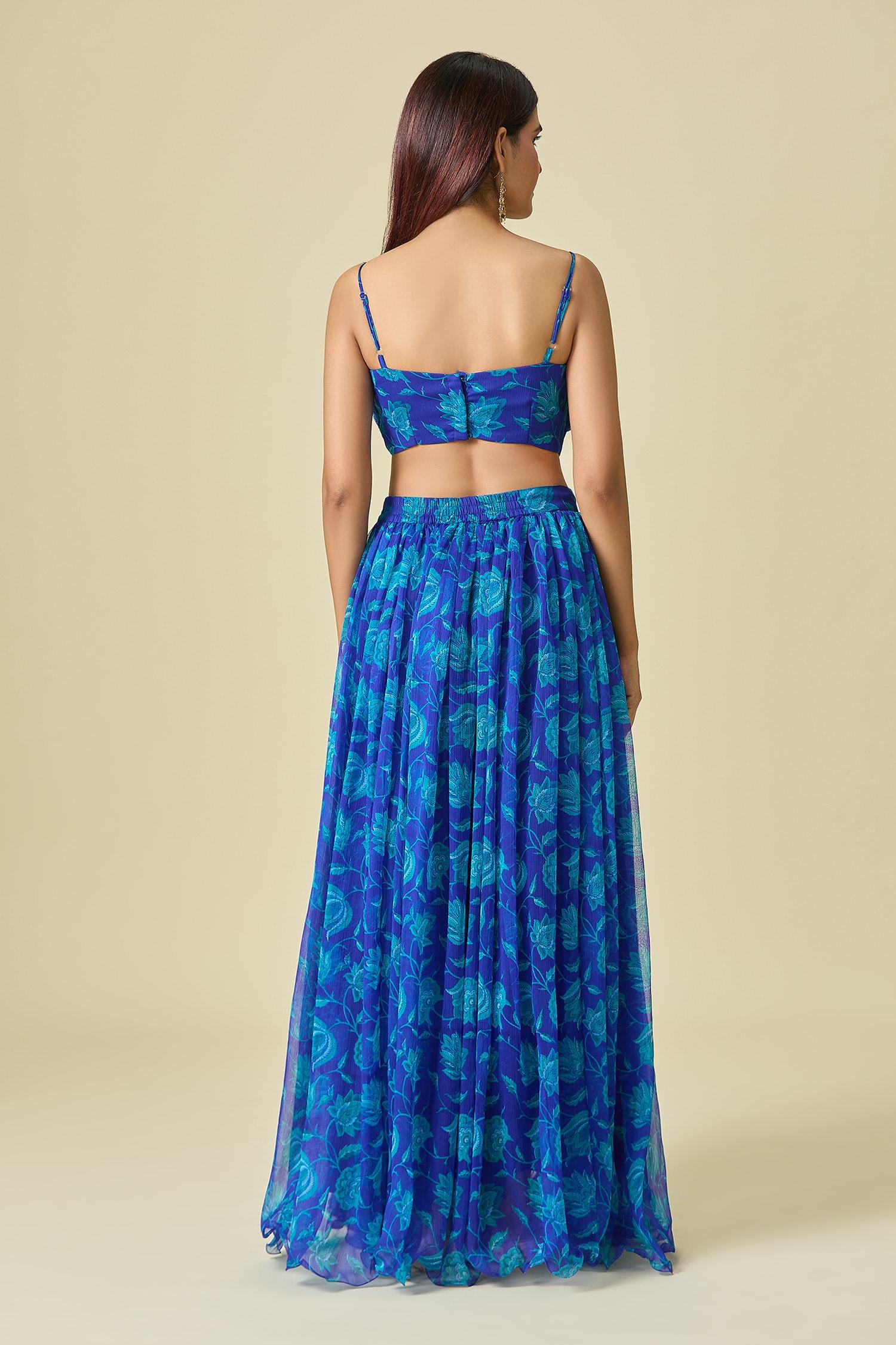 Blue Chiffon Embroidery V-neck Floral Print Pleated Lehenga Set - Designer Kurta Set