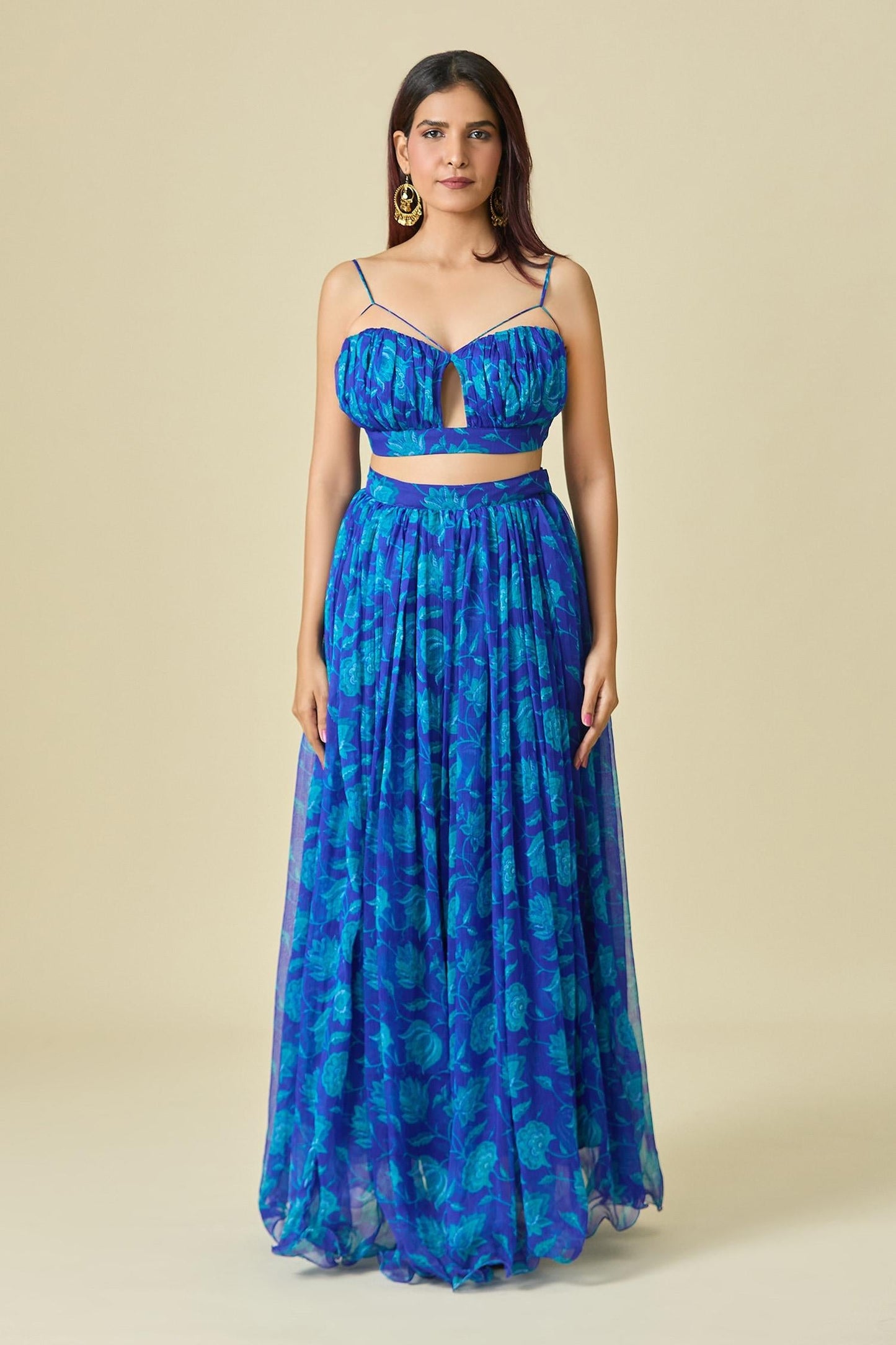 Blue Chiffon Embroidery V-neck Floral Print Pleated Lehenga Set - Designer Kurta Set