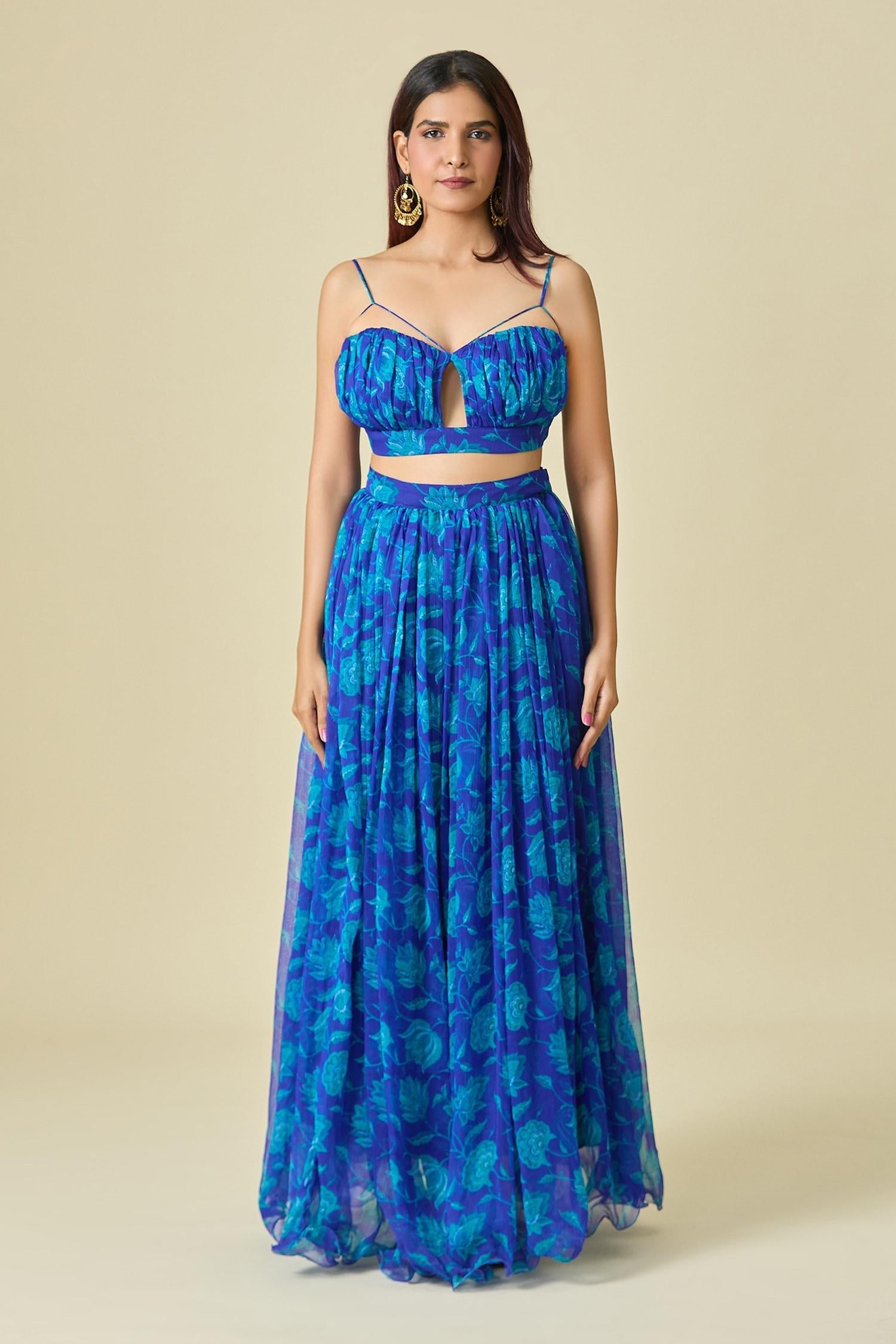 Blue Chiffon Embroidery V-neck Floral Print Pleated Lehenga Set - Designer Kurta Set