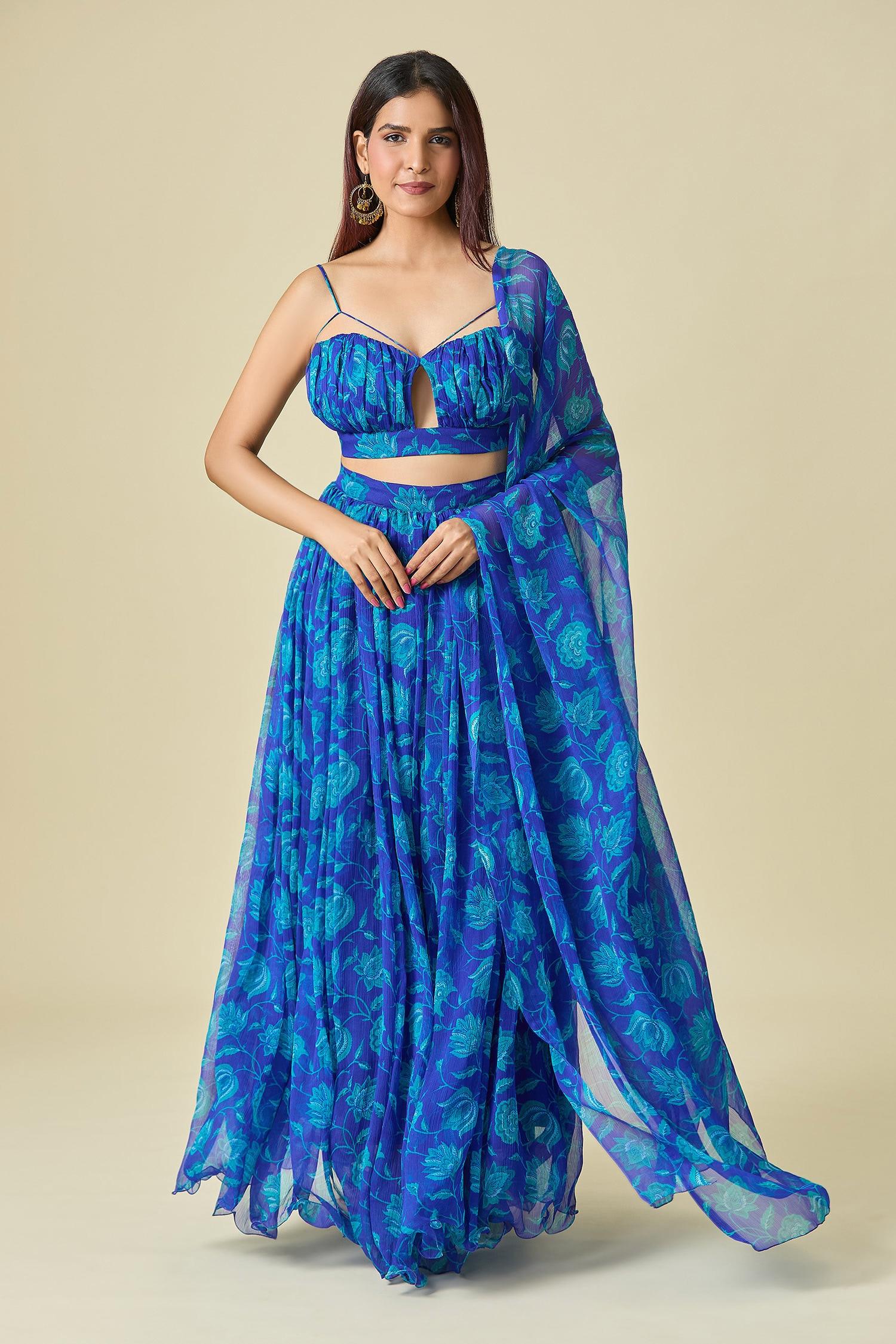 Blue Chiffon Embroidery V-neck Floral Print Pleated Lehenga Set - Designer Kurta Set