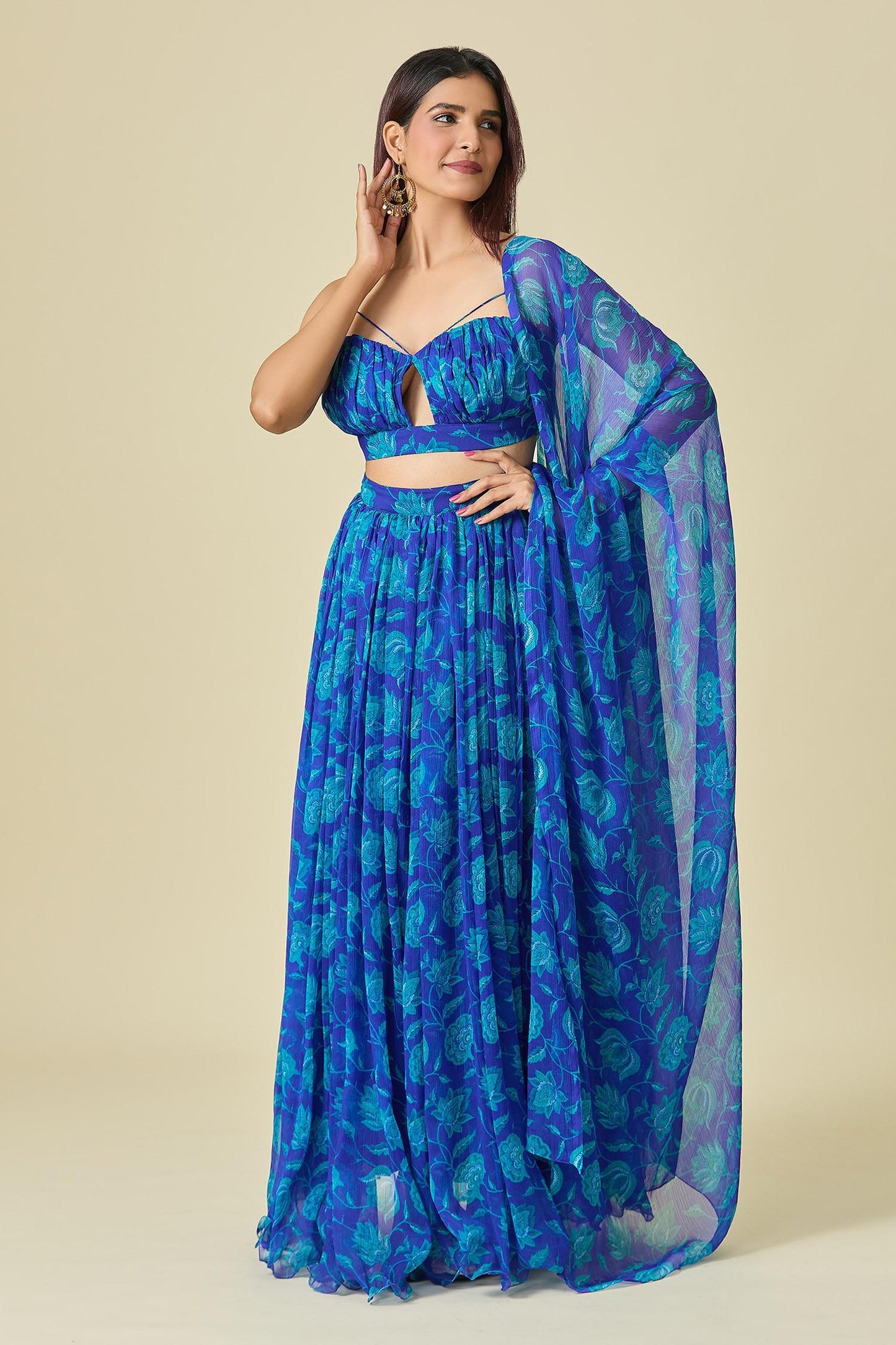 Blue Chiffon Embroidery V-neck Floral Print Pleated Lehenga Set - Designer Kurta Set