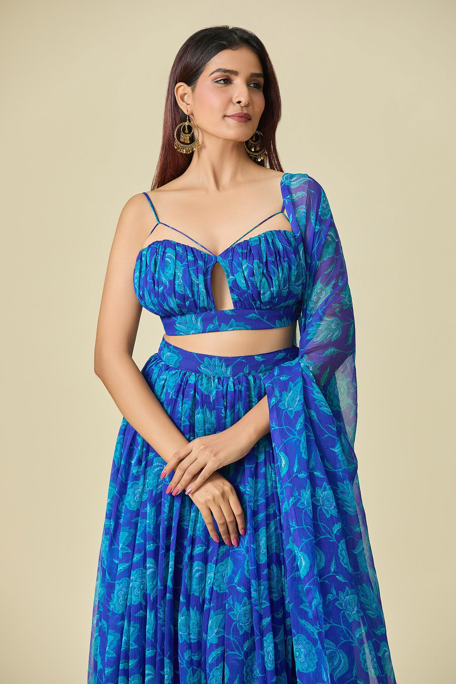 Blue Chiffon Embroidery V-neck Floral Print Pleated Lehenga Set - Designer Kurta Set