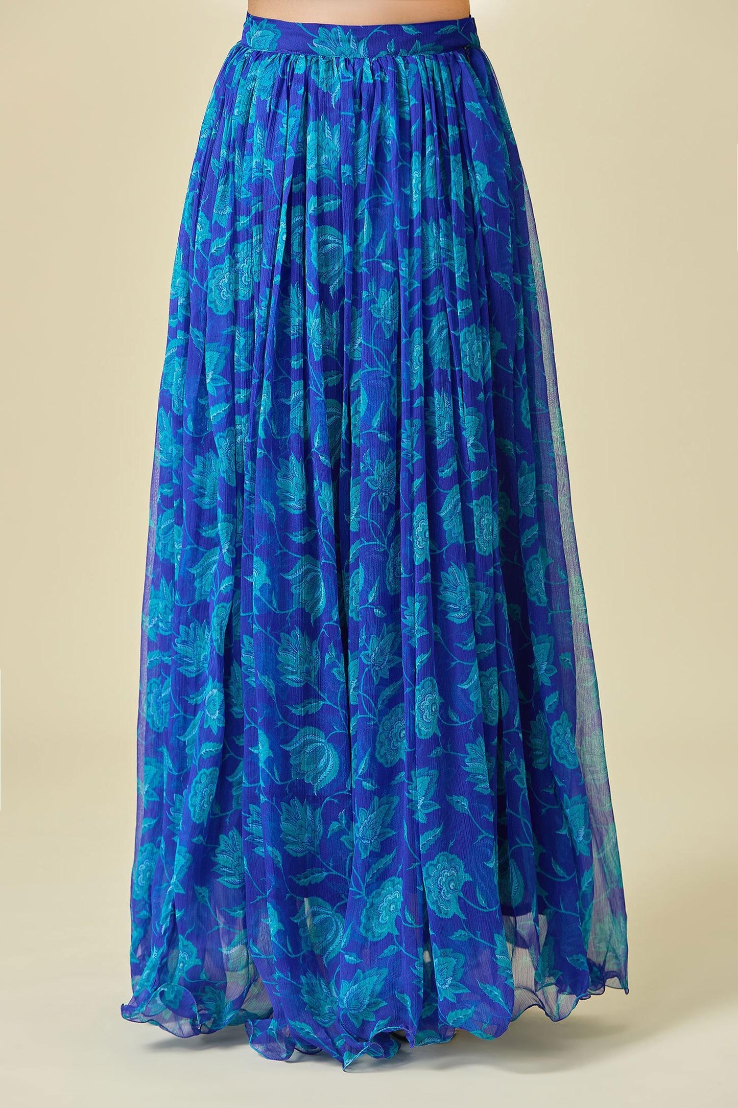 Blue Chiffon Embroidery V-neck Floral Print Pleated Lehenga Set - Designer Kurta Set