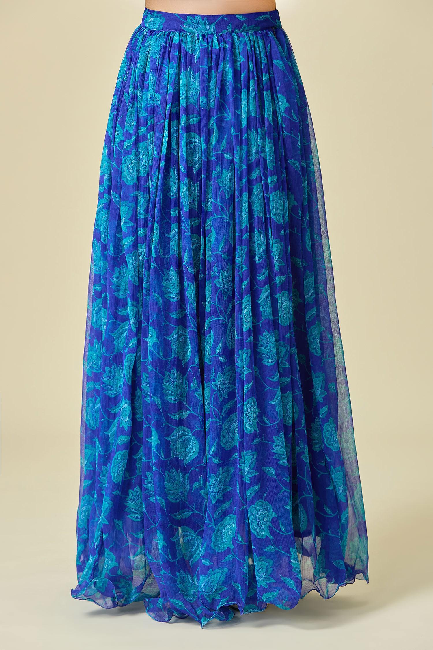 Blue Chiffon Embroidery V-neck Floral Print Pleated Lehenga Set - Designer Kurta Set