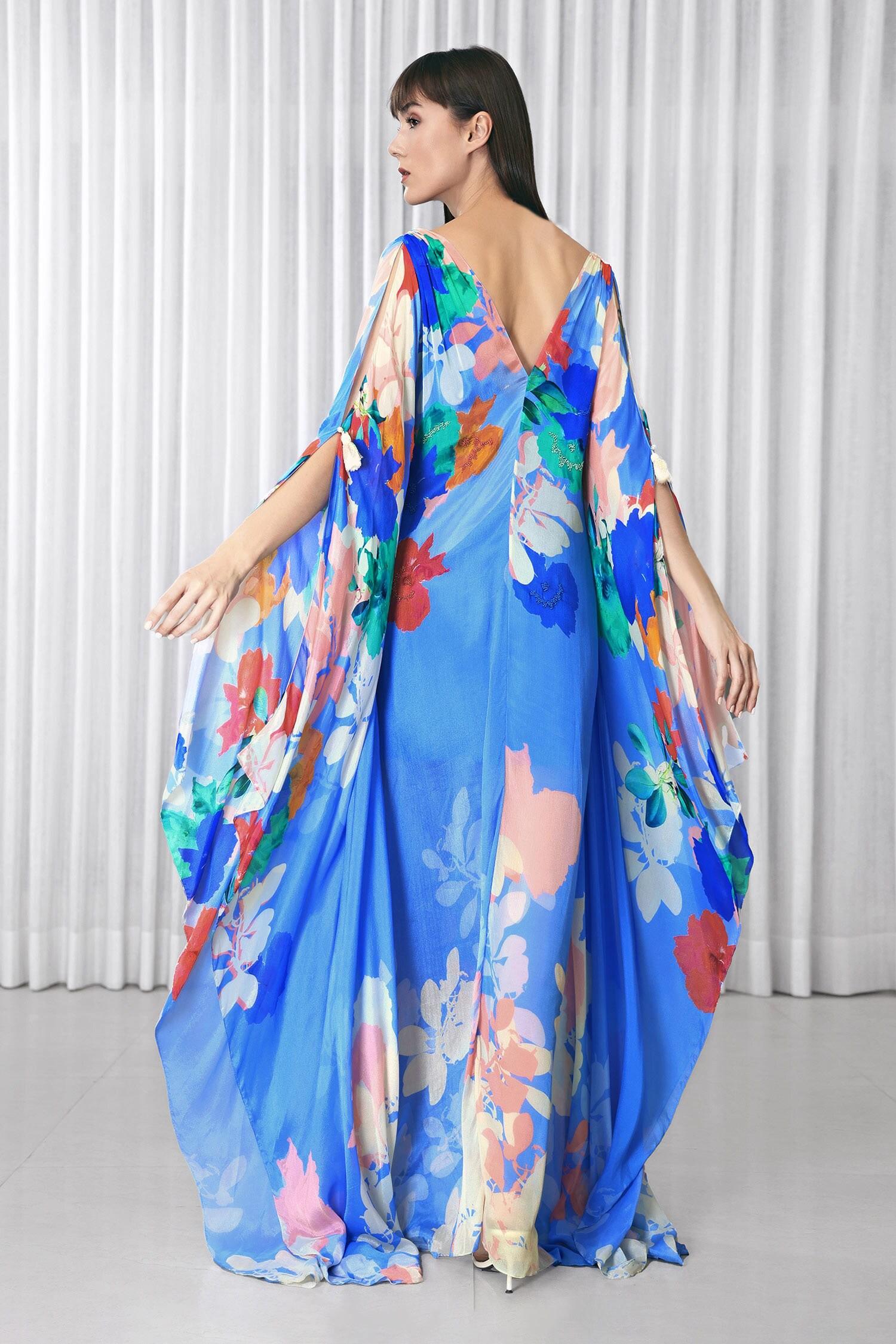 Blue Chiffon Embroidery V-neck Hibiscus Print Kaftan - Designer Kurta Set