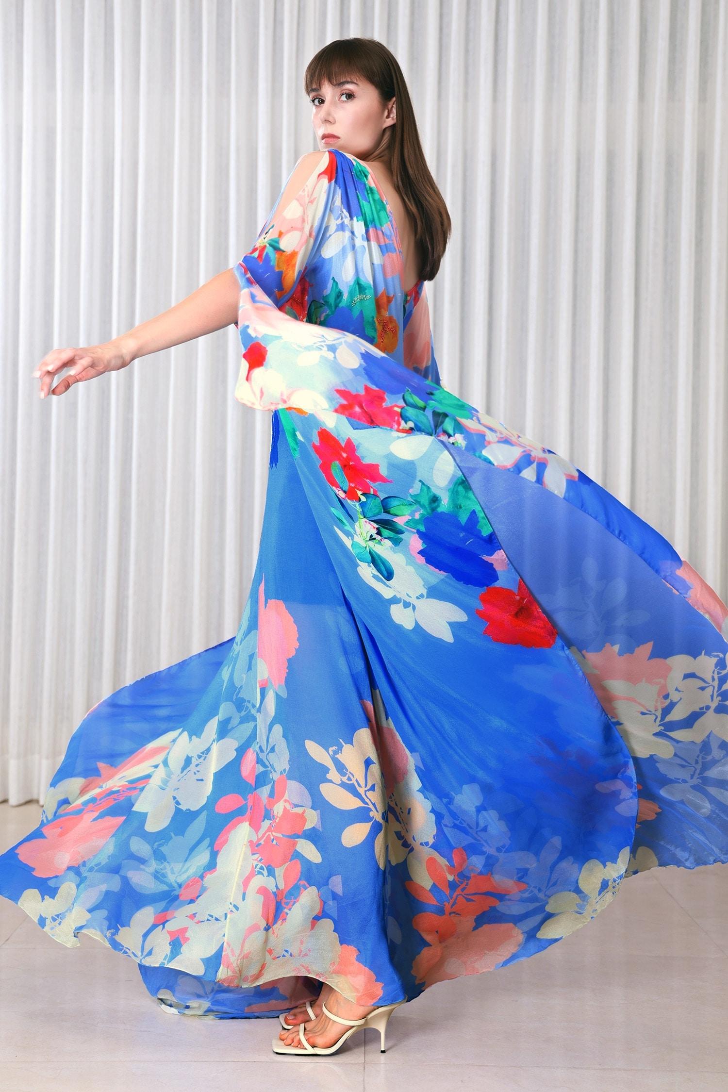 Blue Chiffon Embroidery V-neck Hibiscus Print Kaftan - Designer Kurta Set