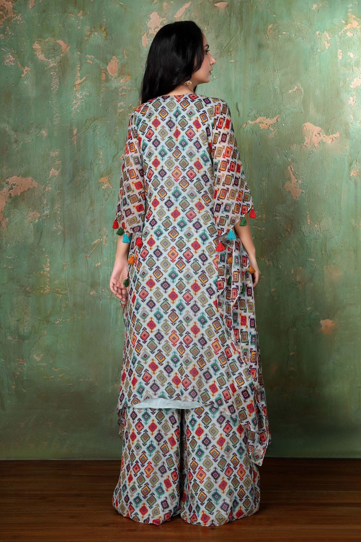 Blue Chiffon Geometric Notched Printed Kaftan And Palazzo Set - Designer Kurta Set