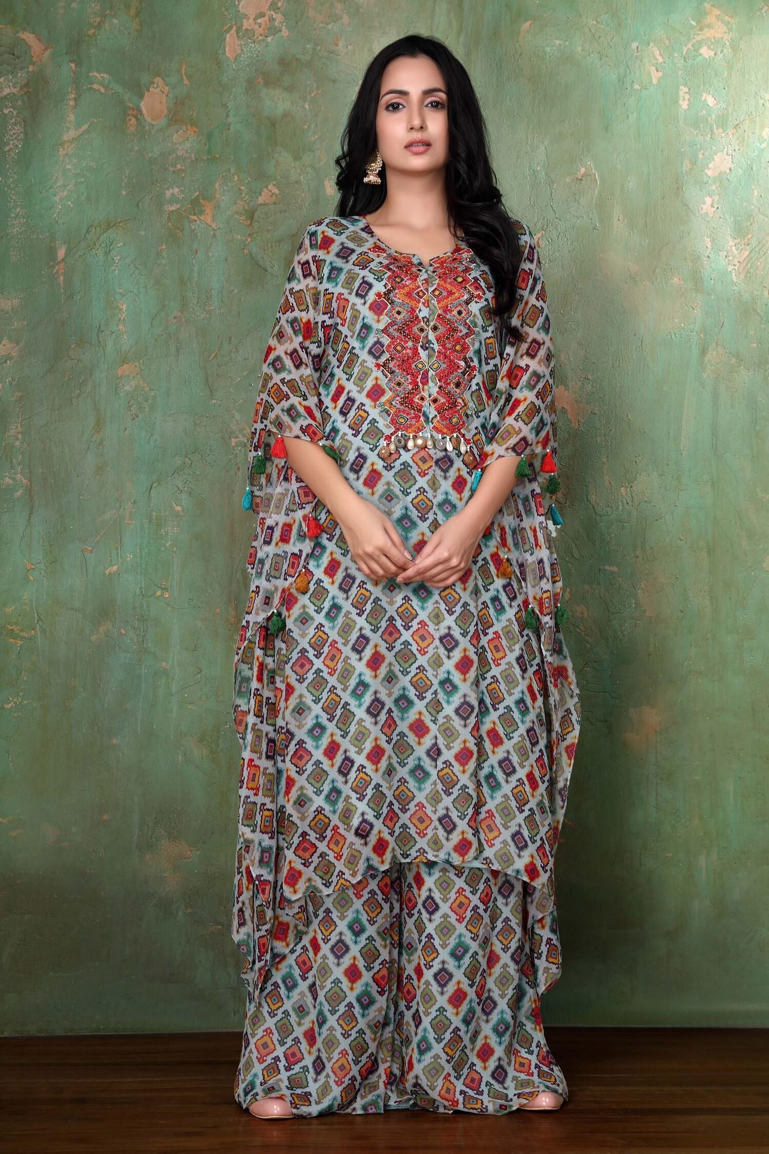 Blue Chiffon Geometric Notched Printed Kaftan And Palazzo Set - Designer Kurta Set