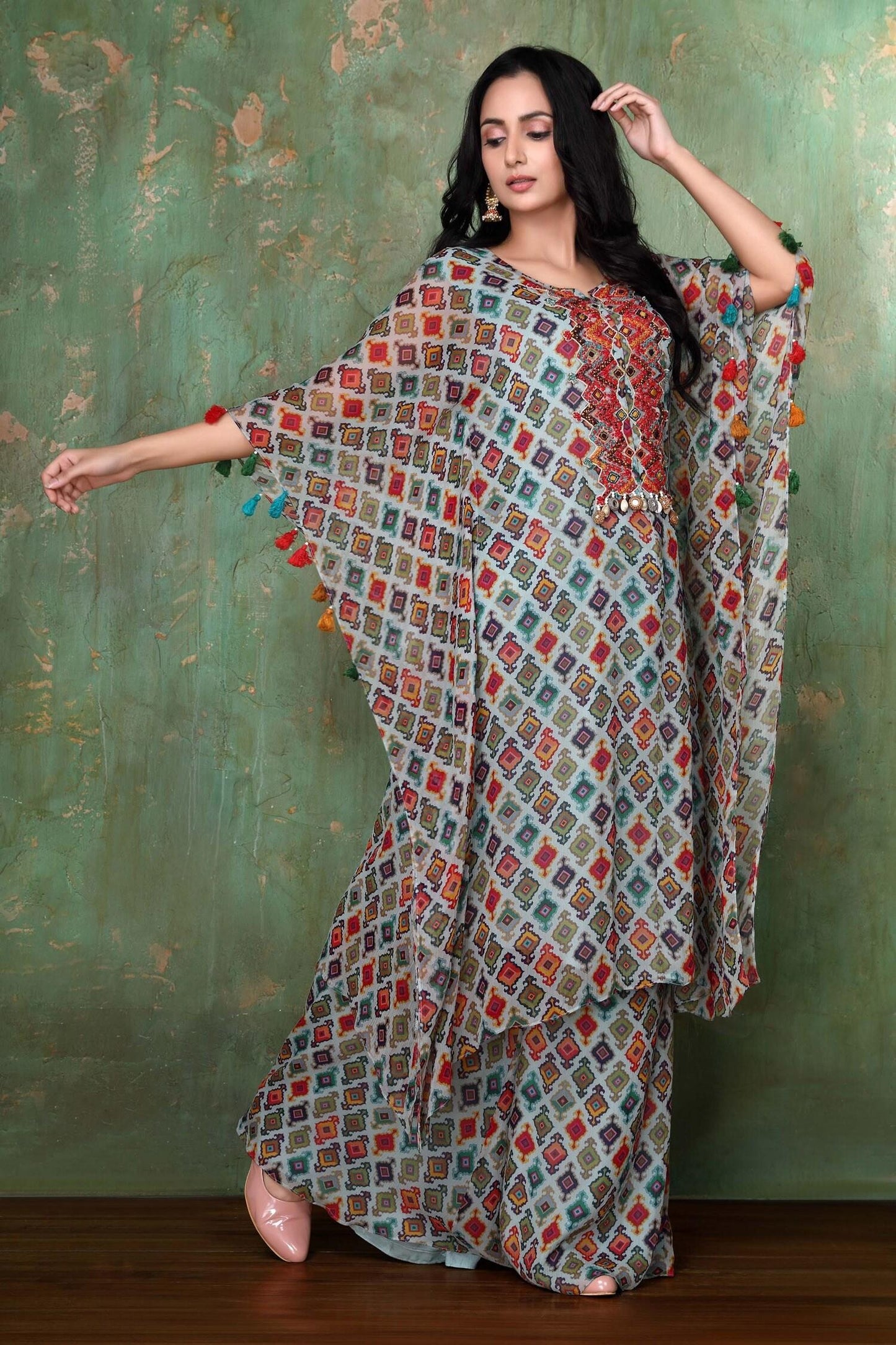 Blue Chiffon Geometric Notched Printed Kaftan And Palazzo Set - Designer Kurta Set