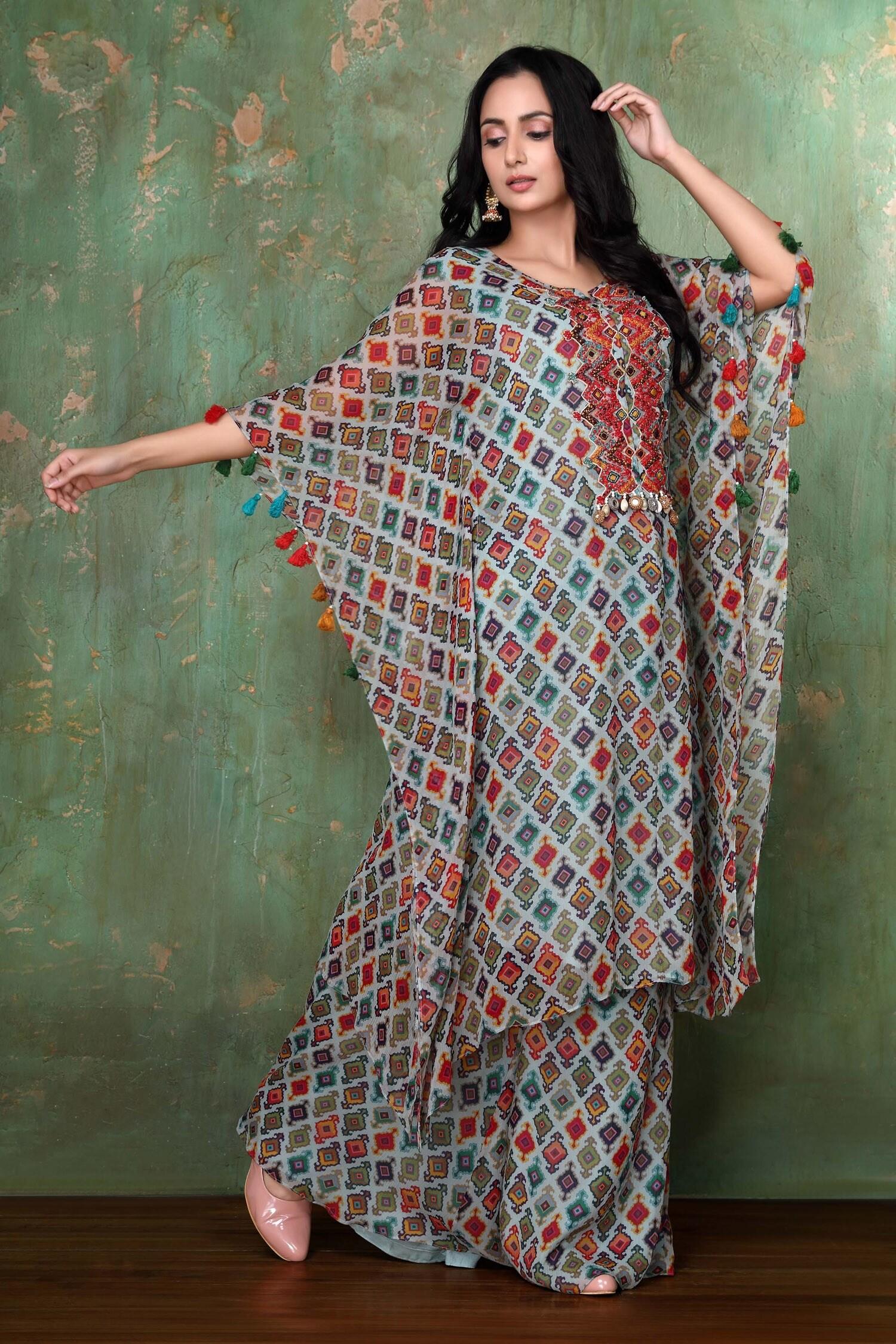 Blue Chiffon Geometric Notched Printed Kaftan And Palazzo Set - Designer Kurta Set