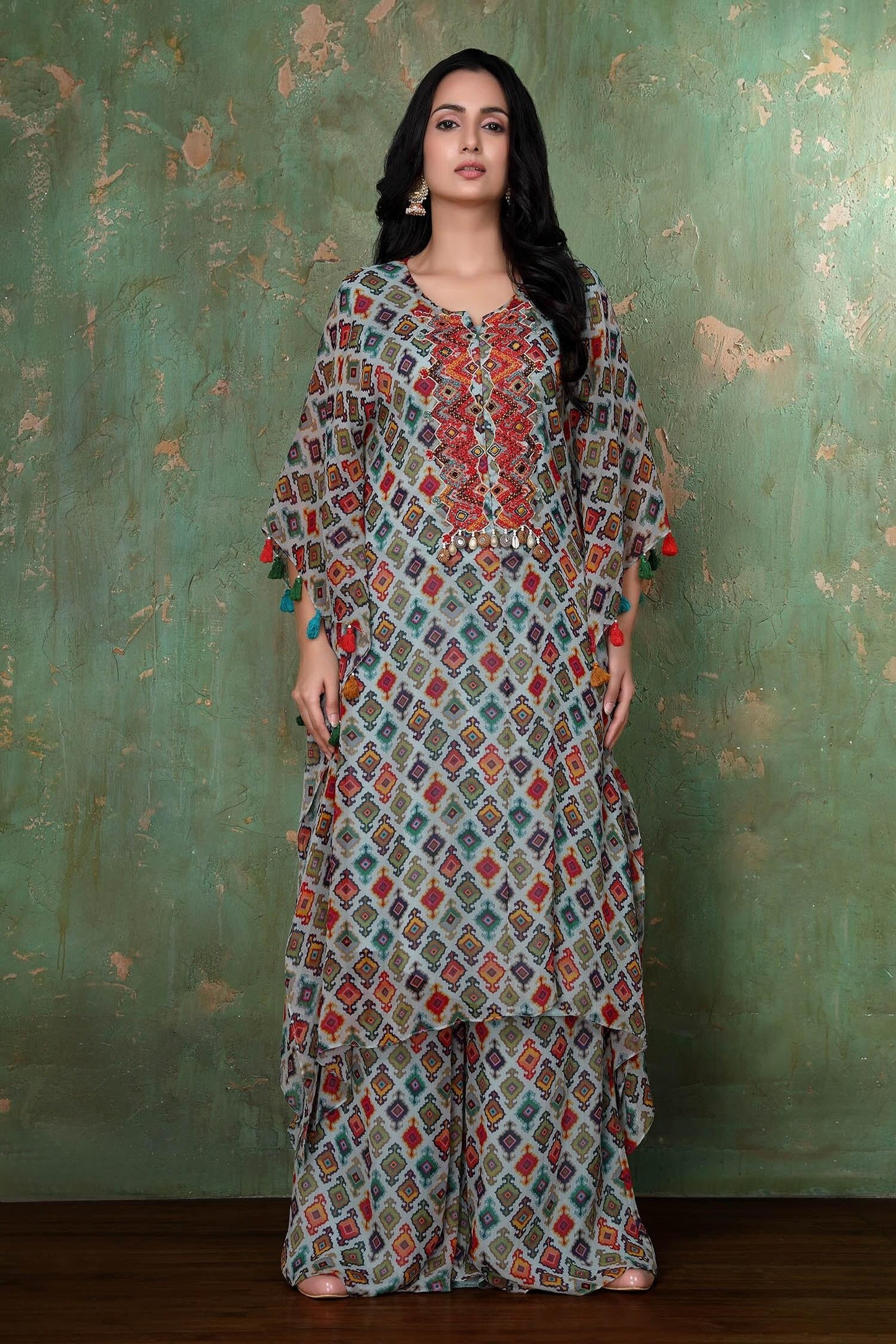 Blue Chiffon Geometric Notched Printed Kaftan And Palazzo Set - Designer Kurta Set