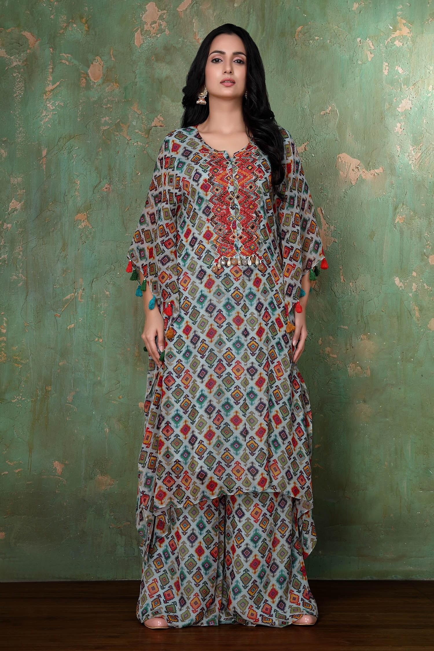 Blue Chiffon Geometric Notched Printed Kaftan And Palazzo Set - Designer Kurta Set