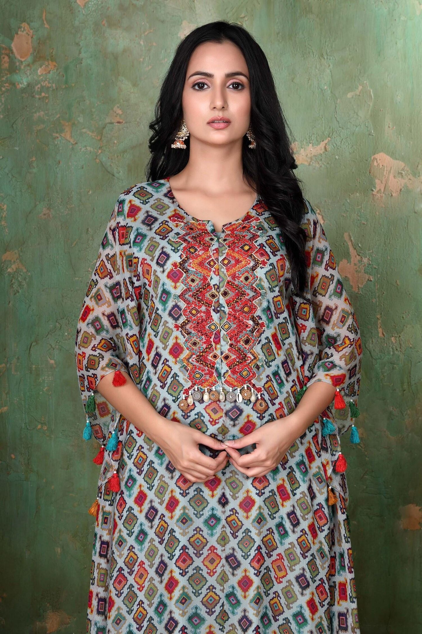 Blue Chiffon Geometric Notched Printed Kaftan And Palazzo Set - Designer Kurta Set