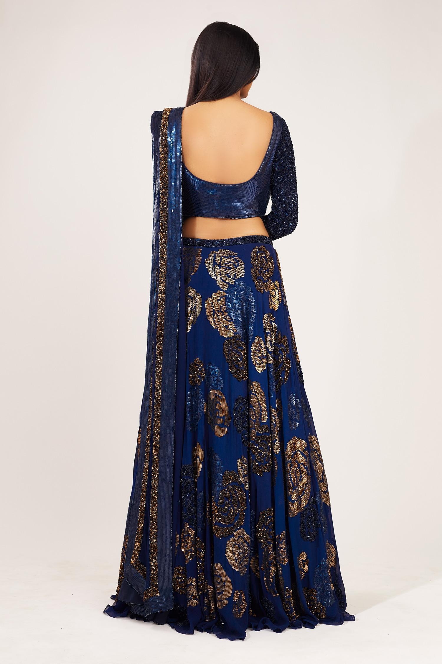 Blue Chiffon Round Embroidered Bridal Lehenga Set - Designer Kurta Set
