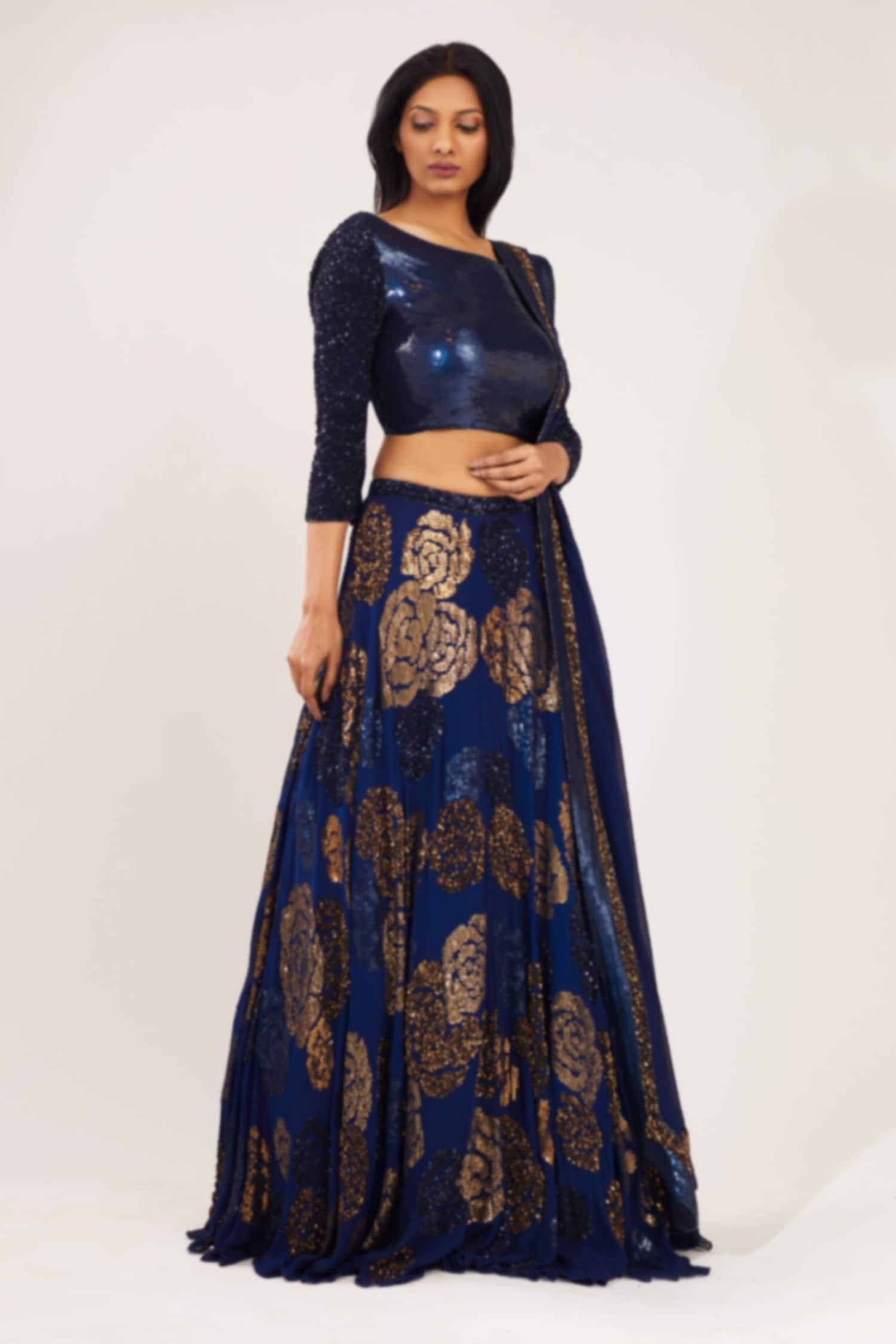 Blue Chiffon Round Embroidered Bridal Lehenga Set - Designer Kurta Set