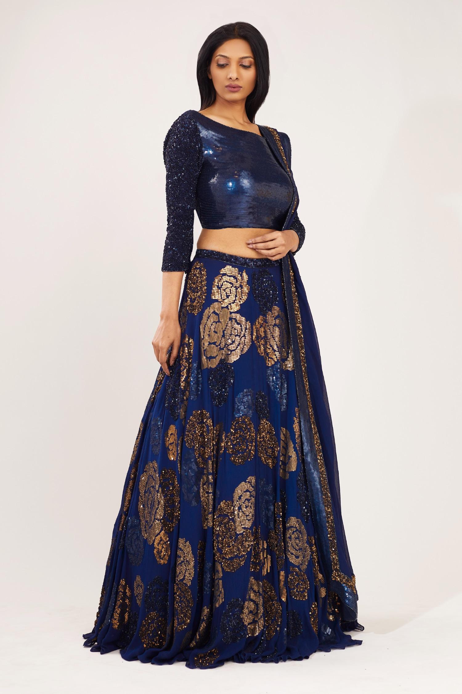 Blue Chiffon Round Embroidered Bridal Lehenga Set - Designer Kurta Set