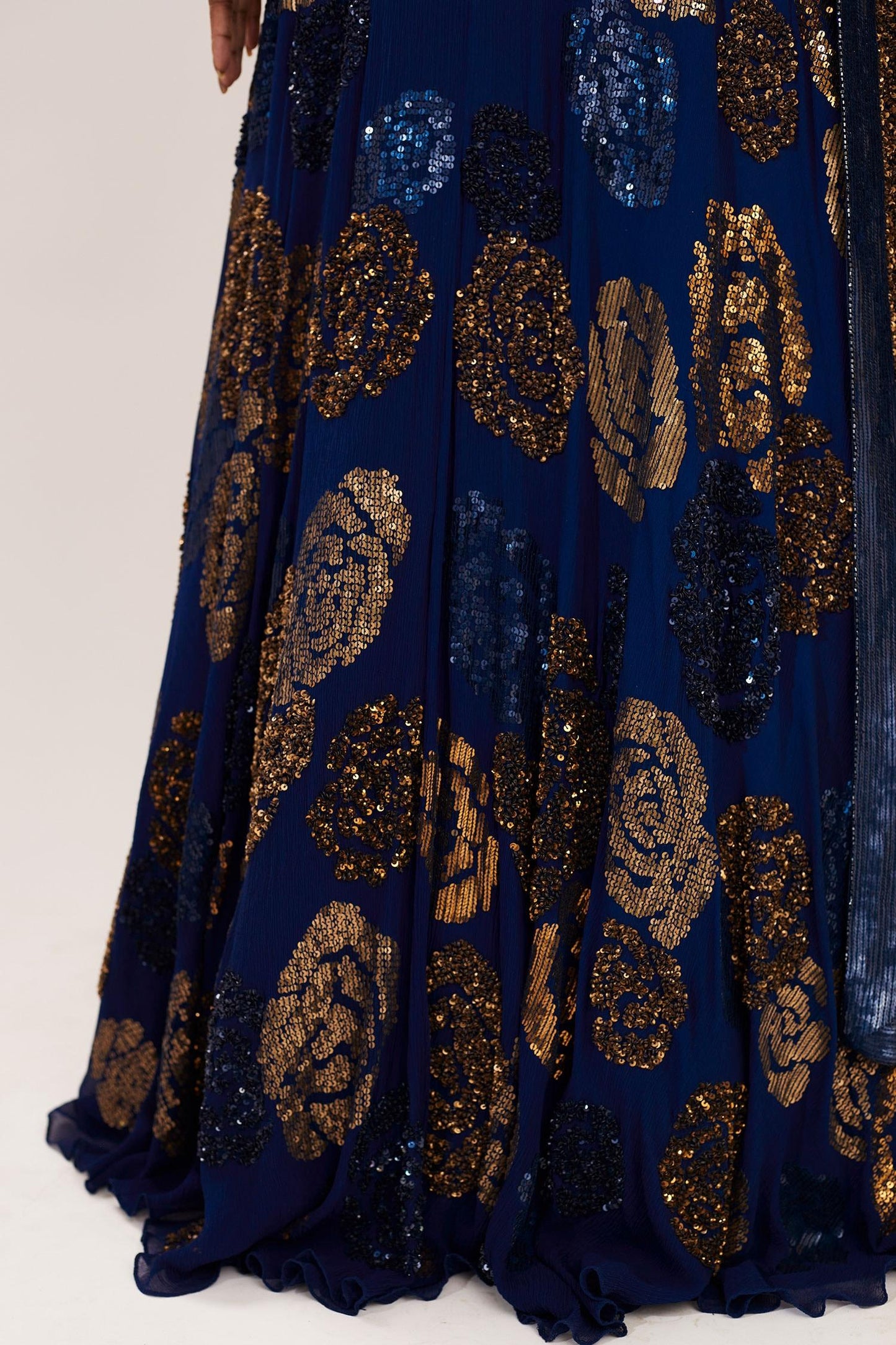 Blue Chiffon Round Embroidered Bridal Lehenga Set - Designer Kurta Set