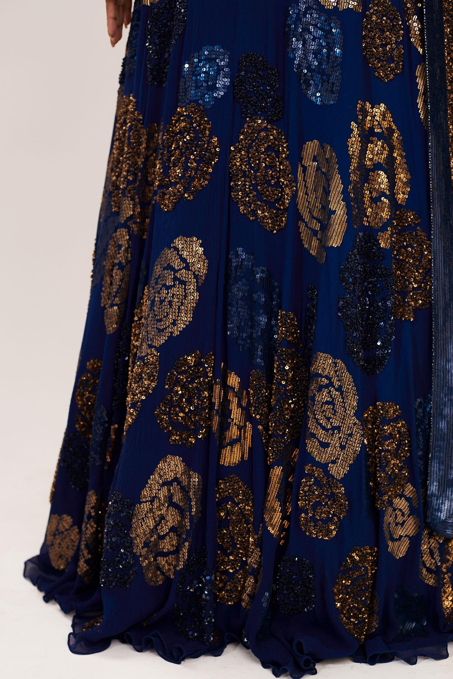 Blue Chiffon Round Embroidered Bridal Lehenga Set - Designer Kurta Set
