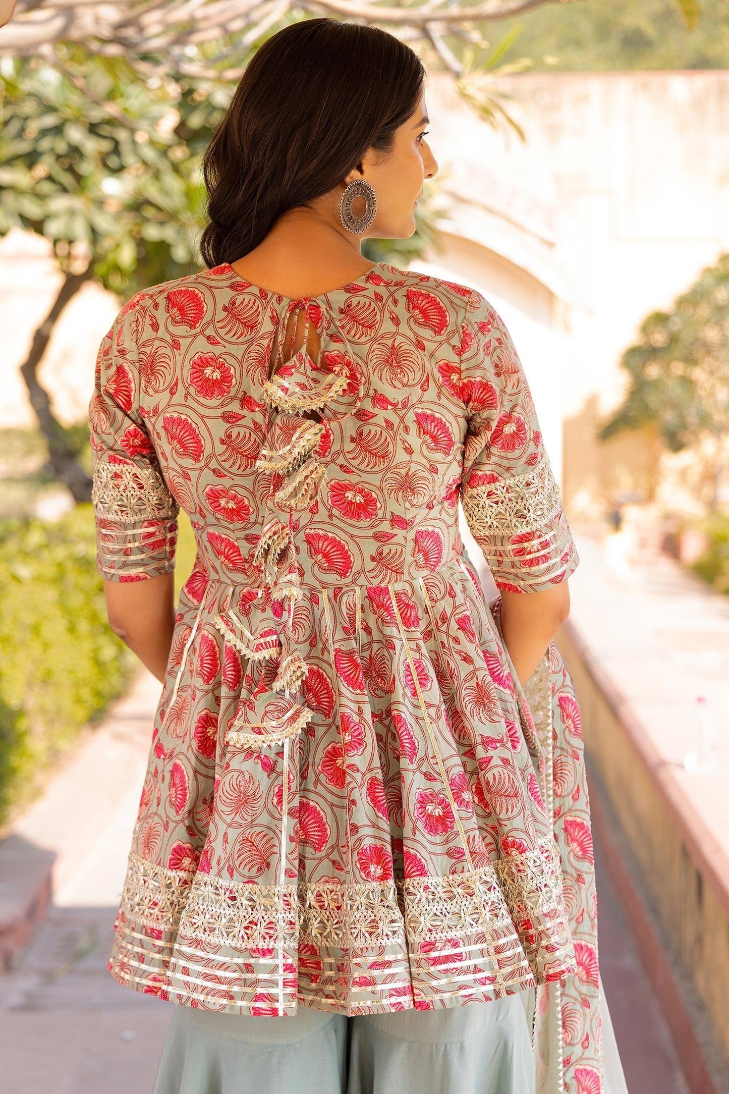 Blue Cotton, Net Embroidery, Gota Patti Scoop Fareen Short Anarkali Sharara Set - Designer Kurta Set