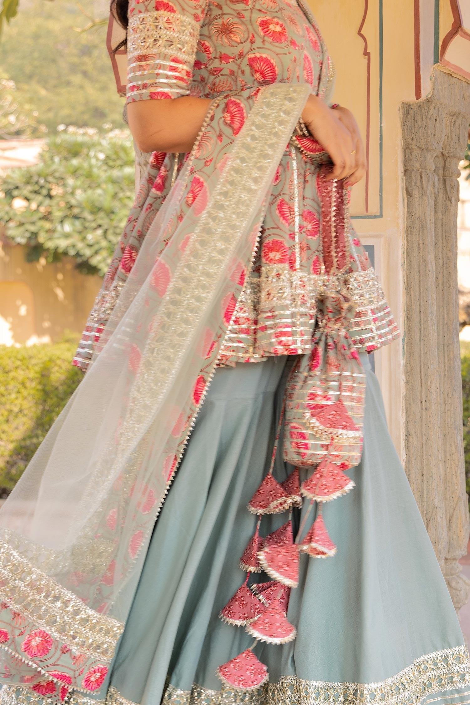 Blue Cotton, Net Embroidery, Gota Patti Scoop Fareen Short Anarkali Sharara Set - Designer Kurta Set