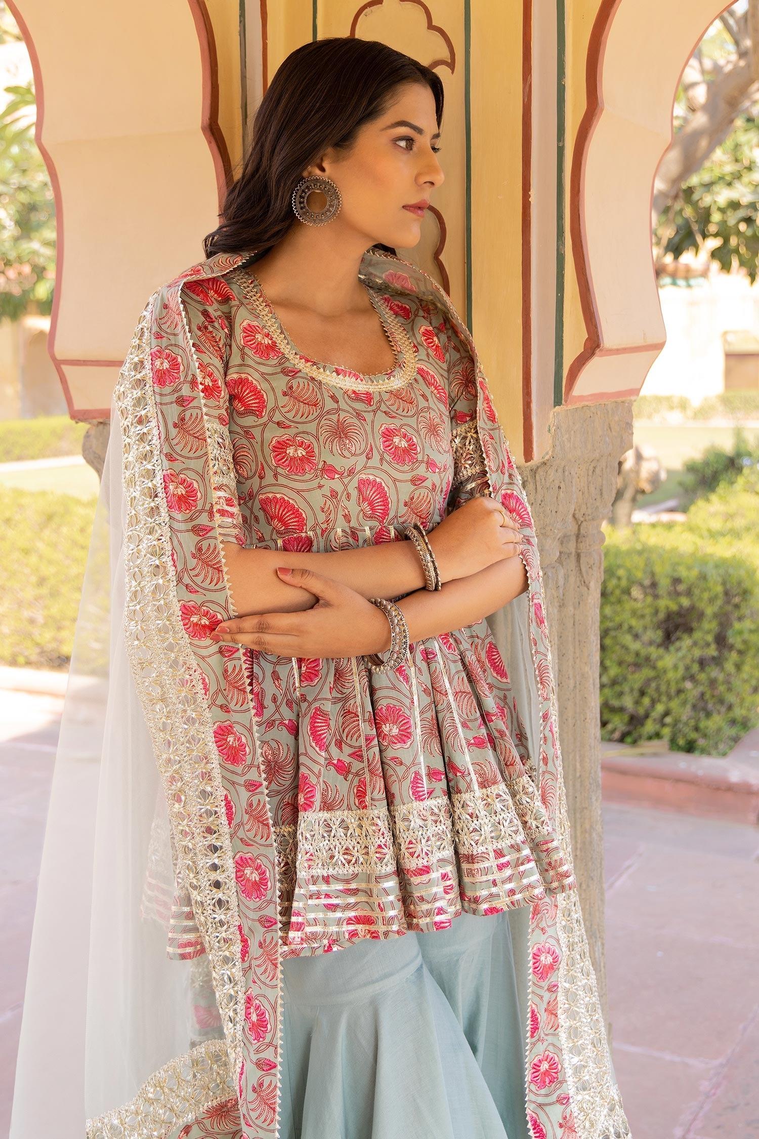 Blue Cotton, Net Embroidery, Gota Patti Scoop Fareen Short Anarkali Sharara Set - Designer Kurta Set