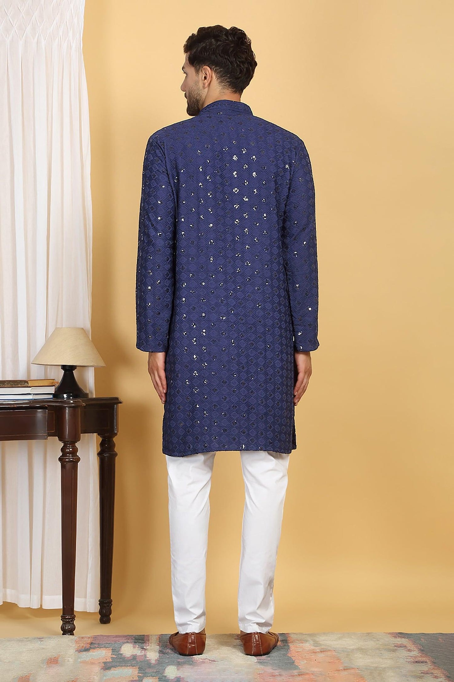 Kurta With Pant Blue Cotton Sequins Embroidery Nav Harsh Quad Bloom Thread