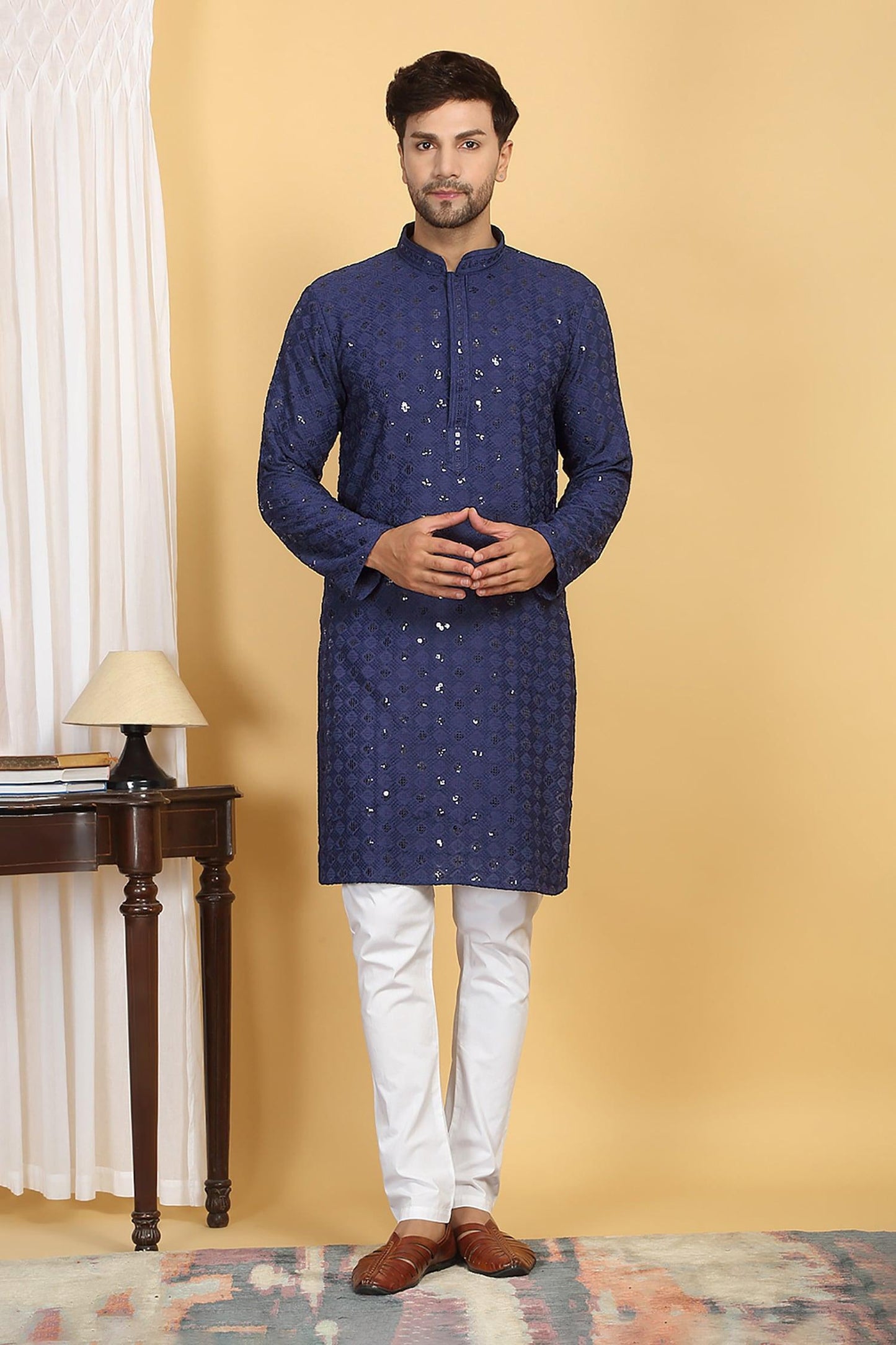 Kurta With Pant Blue Cotton Sequins Embroidery Nav Harsh Quad Bloom Thread