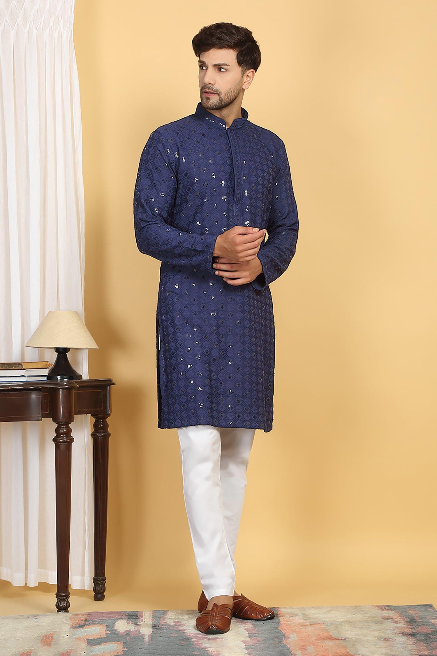 Kurta With Pant Blue Cotton Sequins Embroidery Nav Harsh Quad Bloom Thread