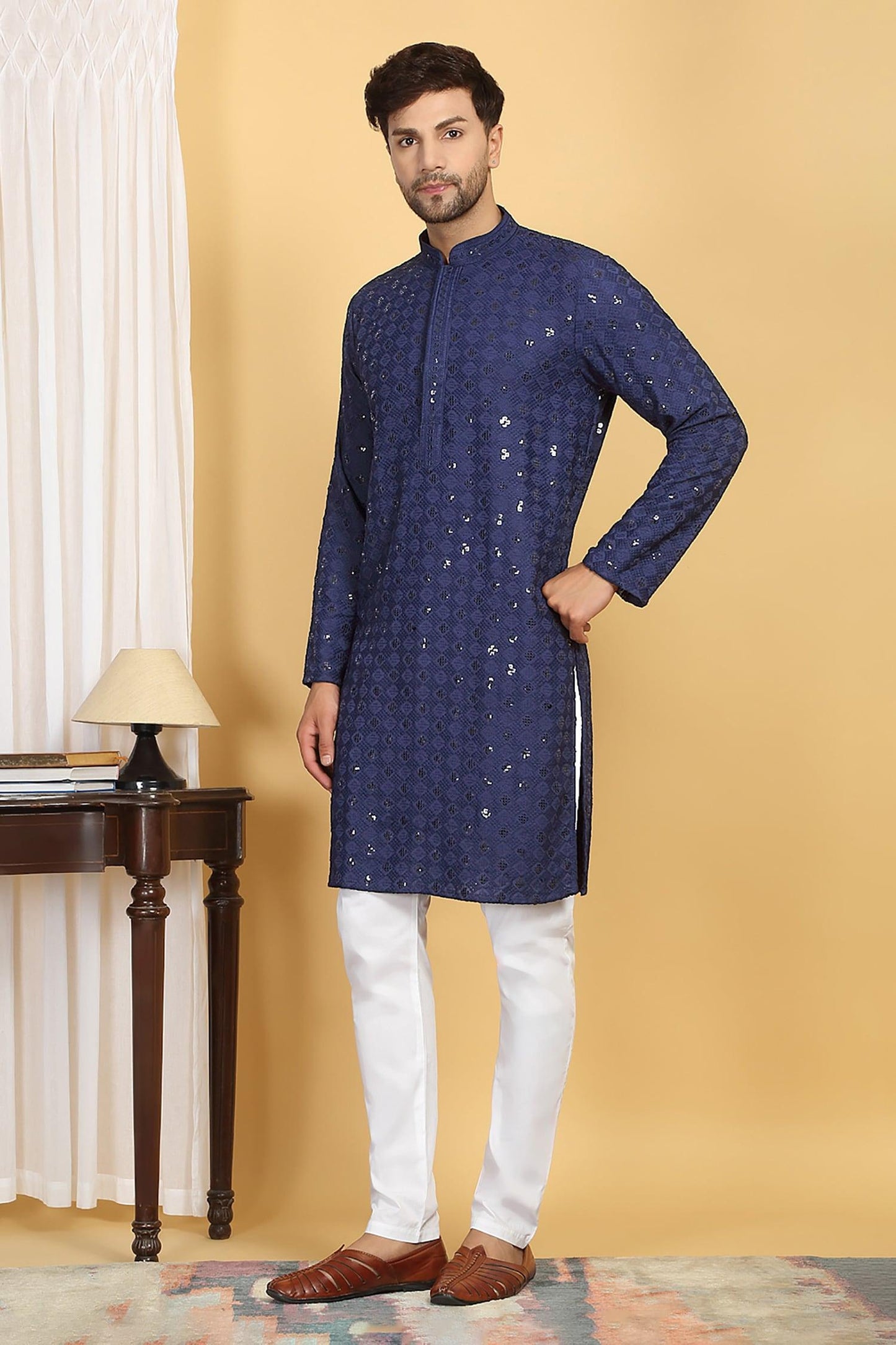 Kurta With Pant Blue Cotton Sequins Embroidery Nav Harsh Quad Bloom Thread