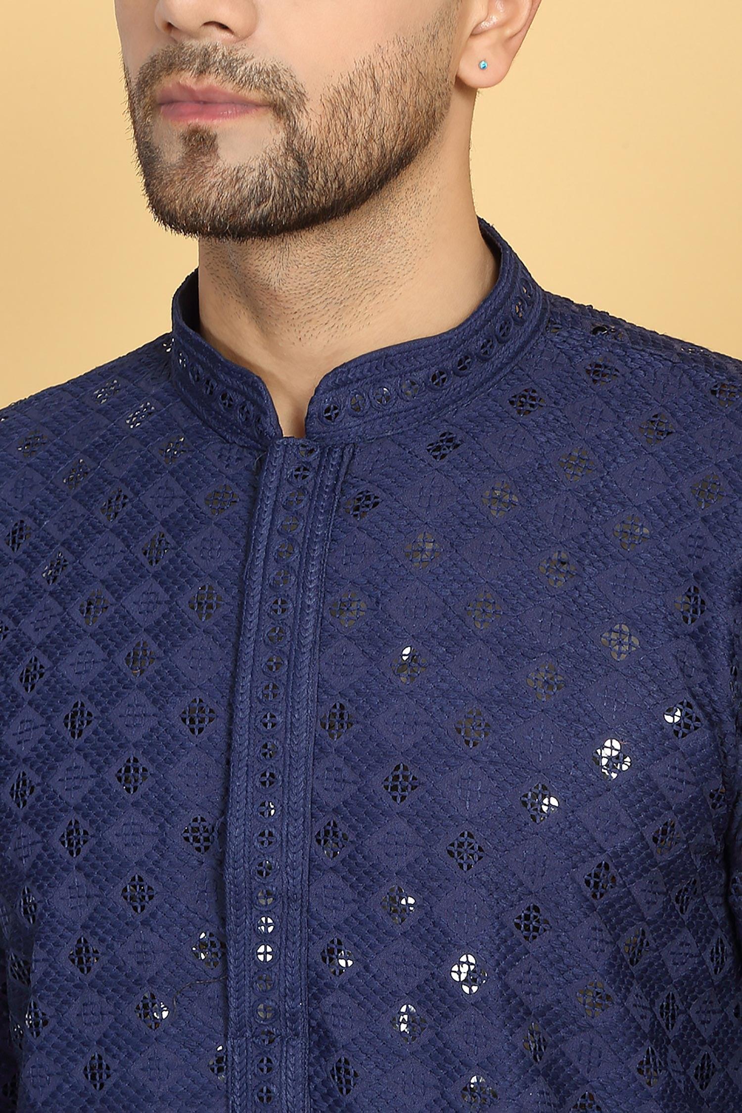 Kurta With Pant Blue Cotton Sequins Embroidery Nav Harsh Quad Bloom Thread