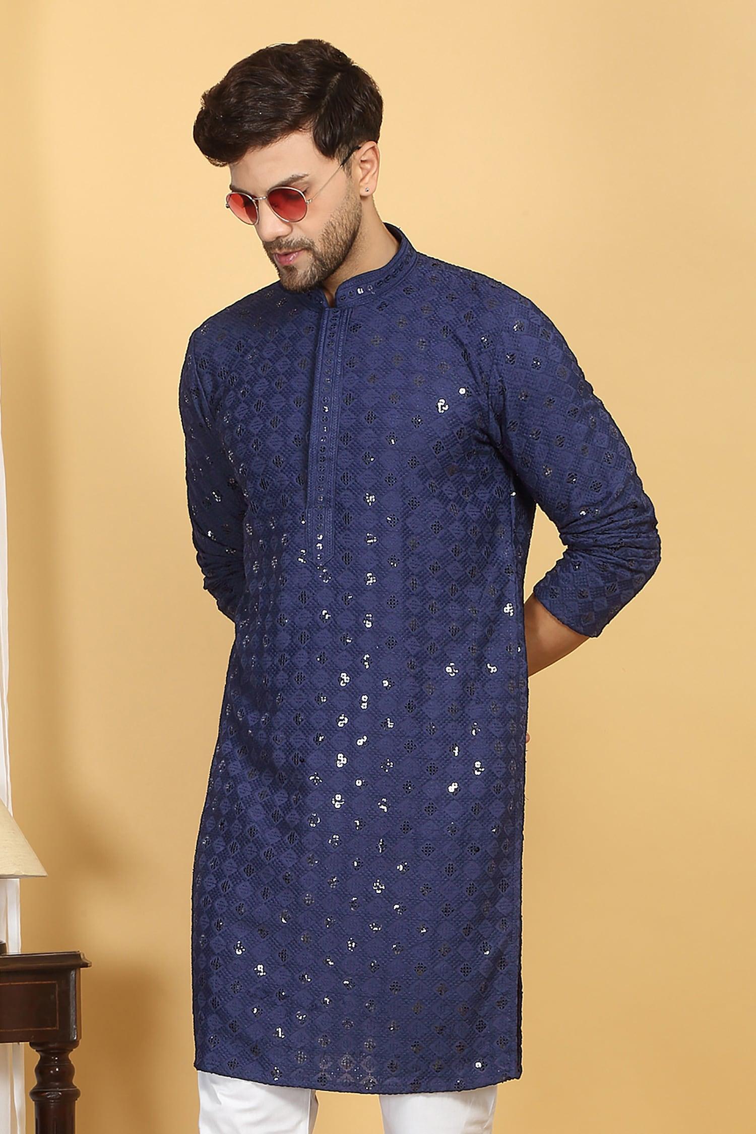 Kurta With Pant Blue Cotton Sequins Embroidery Nav Harsh Quad Bloom Thread