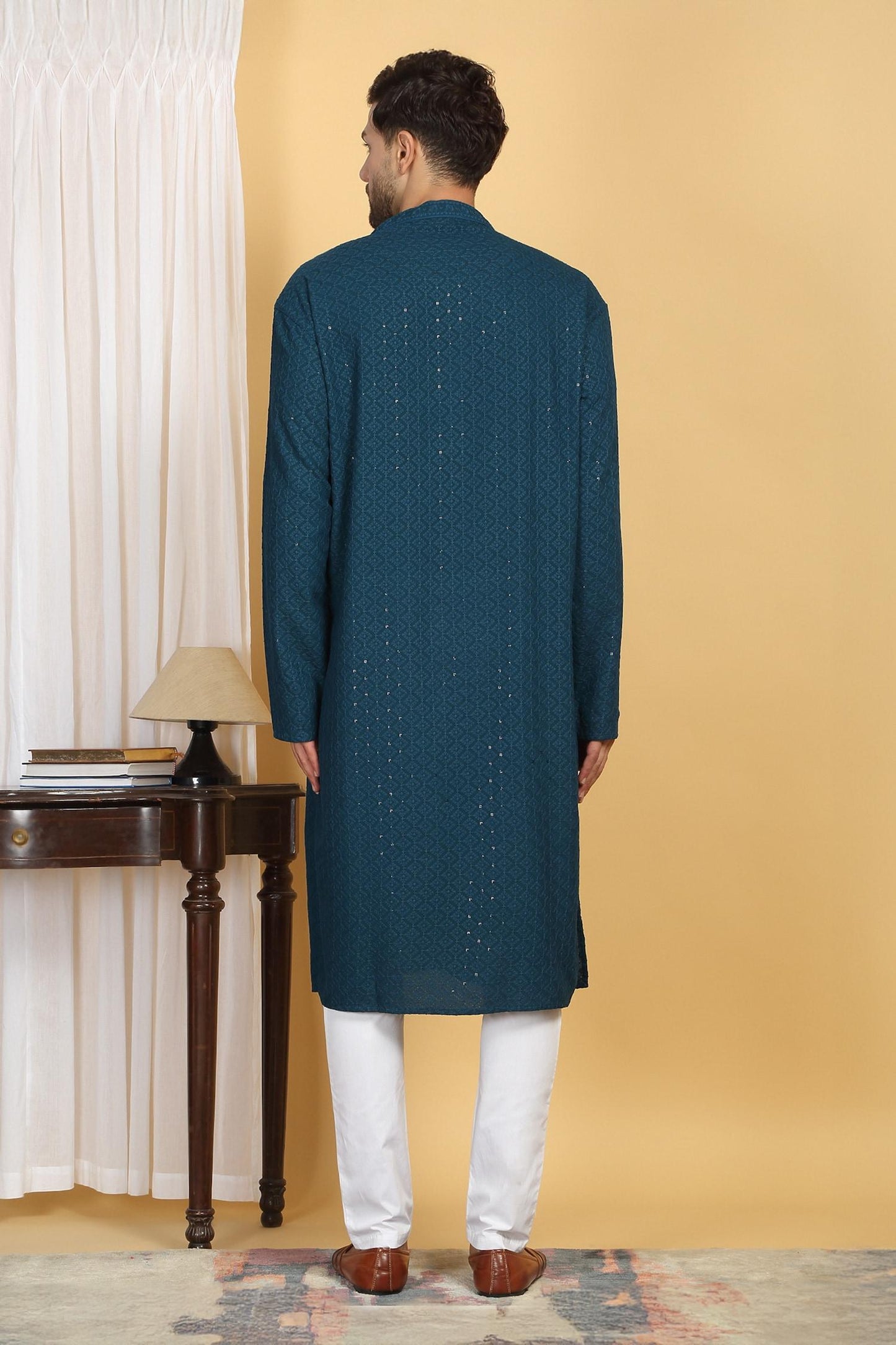 Kurta With Pant Blue Cotton Sequins Heera Vine Thread Embroidered