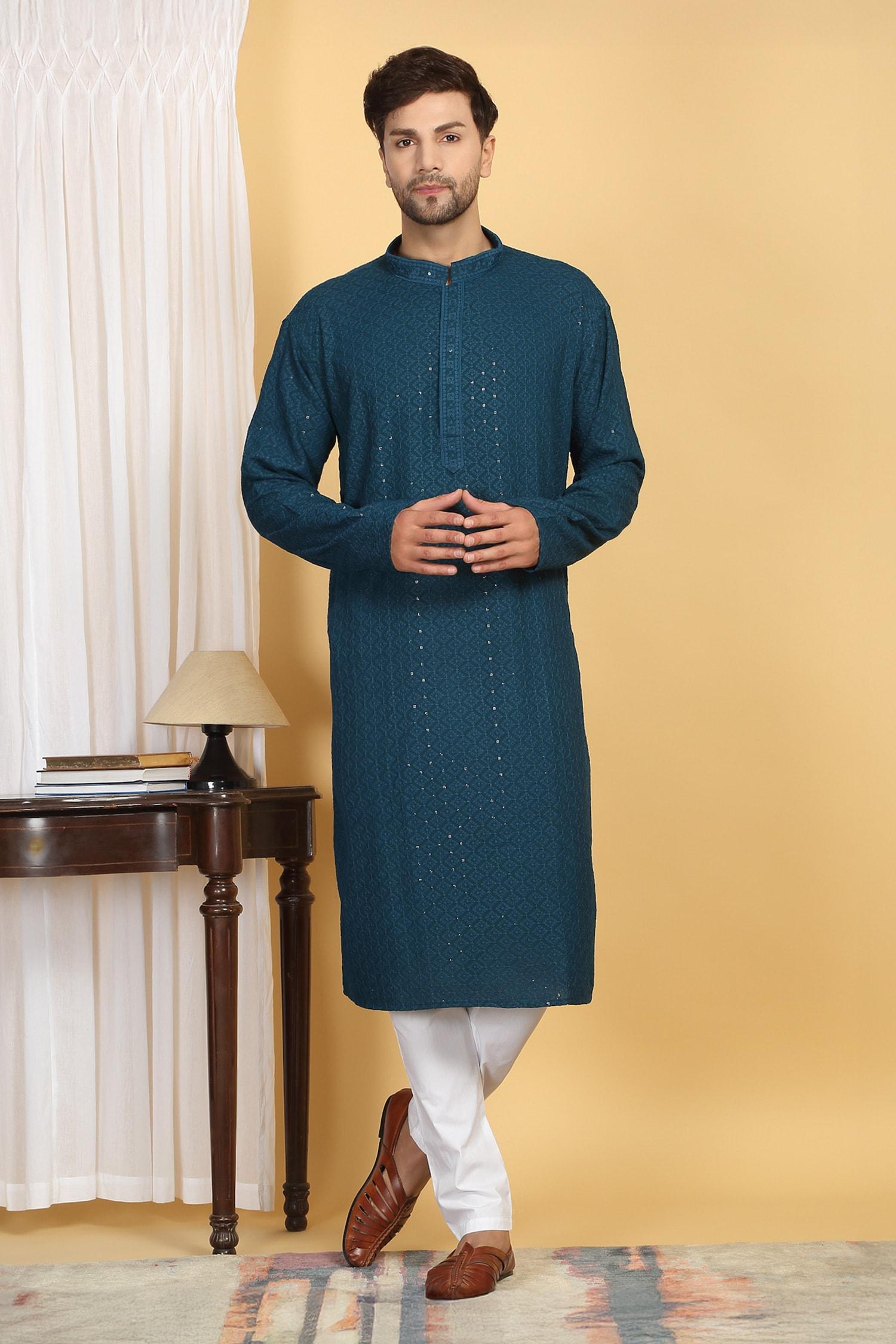 Kurta With Pant Blue Cotton Sequins Heera Vine Thread Embroidered