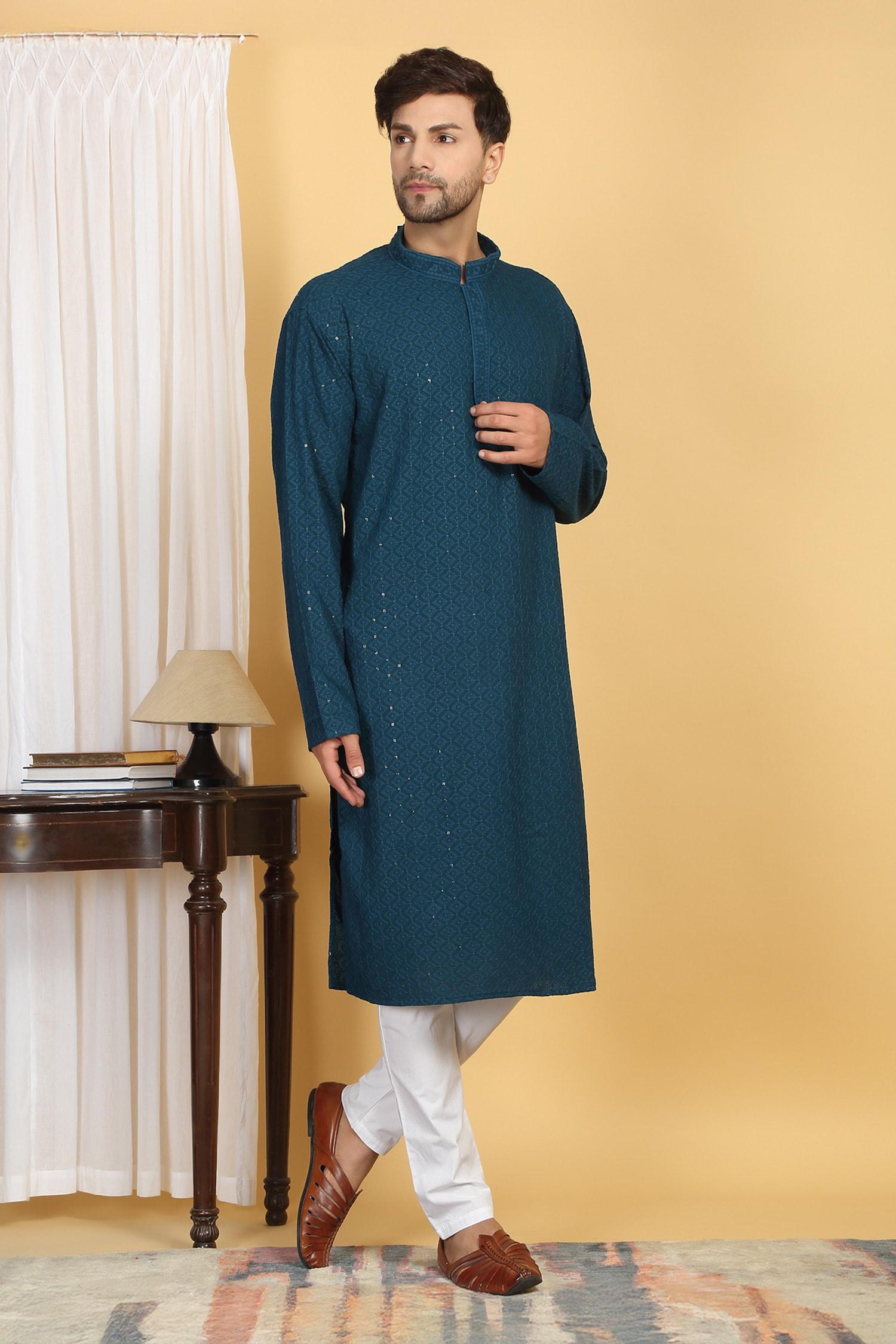 Kurta With Pant Blue Cotton Sequins Heera Vine Thread Embroidered