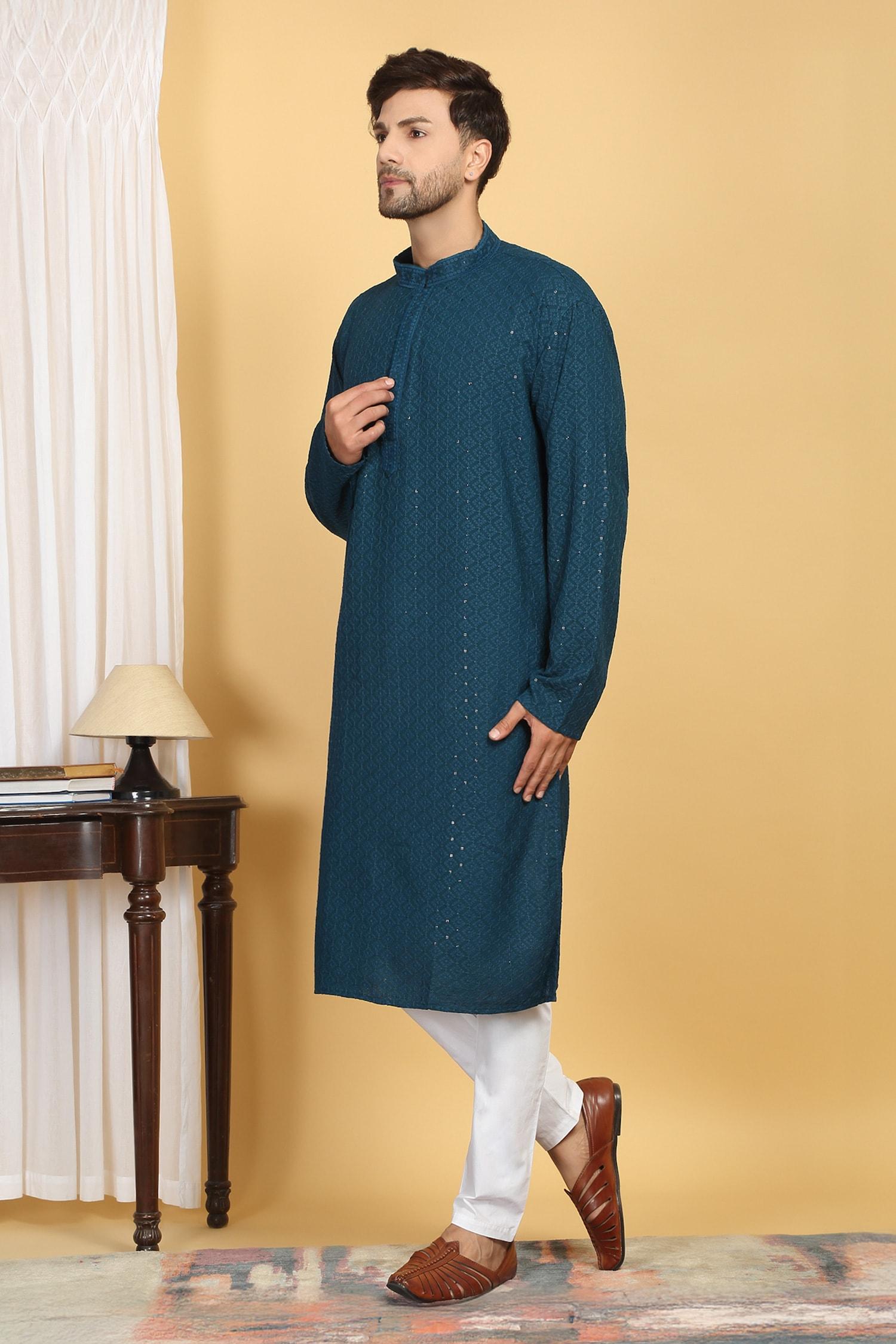 Kurta With Pant Blue Cotton Sequins Heera Vine Thread Embroidered