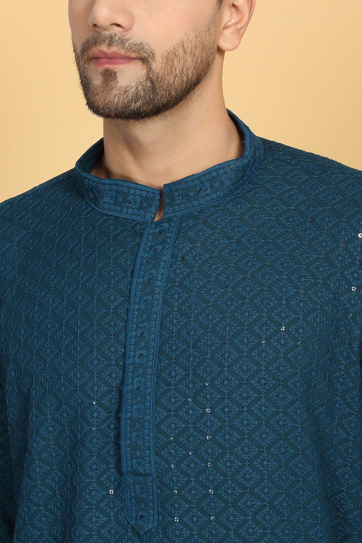 Kurta With Pant Blue Cotton Sequins Heera Vine Thread Embroidered