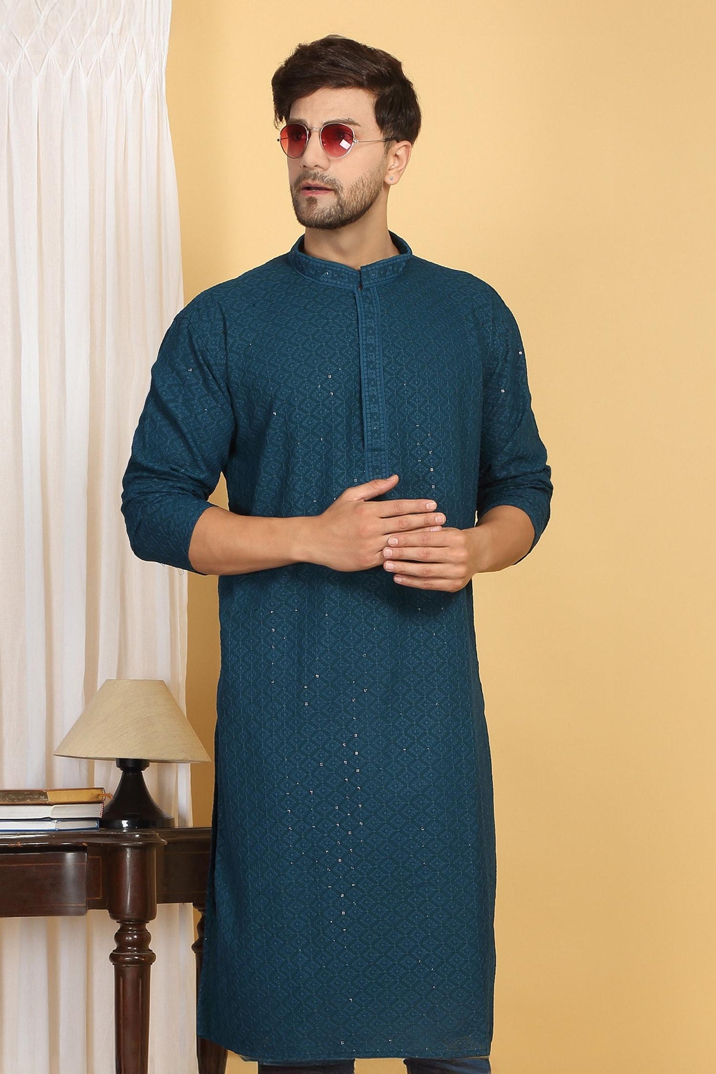 Kurta With Pant Blue Cotton Sequins Heera Vine Thread Embroidered