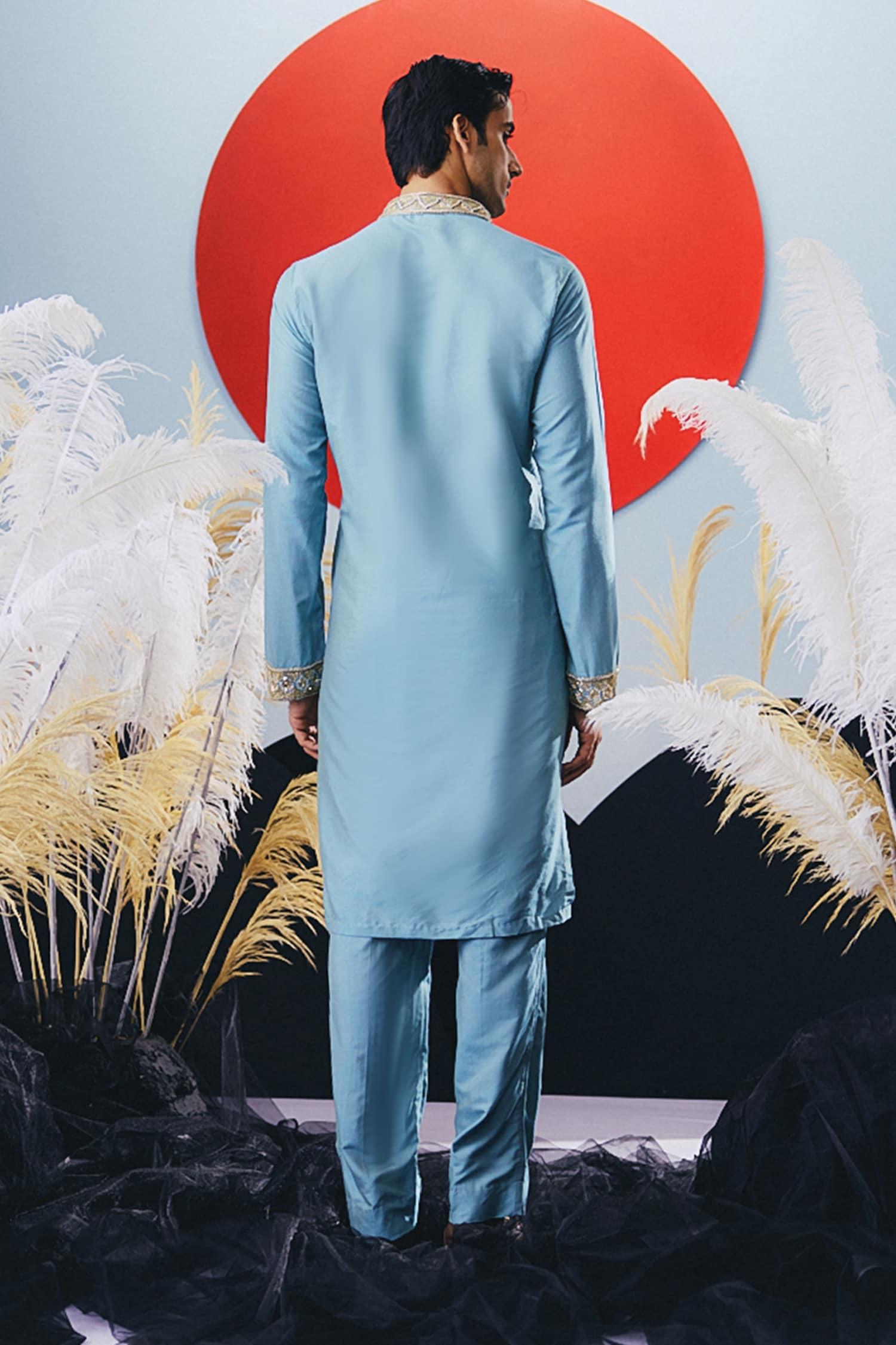 Kurta Set Blue Cotton Silk Cut Work Designer
