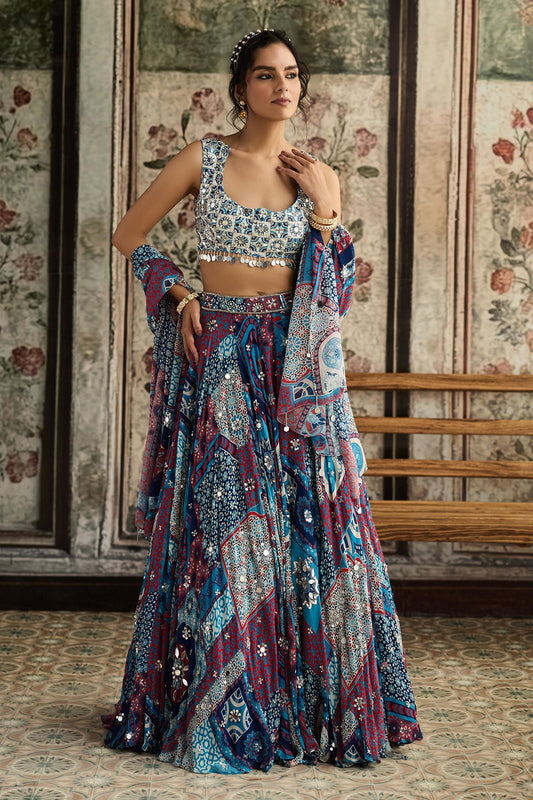 Blue Crepe, Georgette Mirrors, Sequins, Embroidery Teal Printed Lehenga Set - Designer Kurta Set