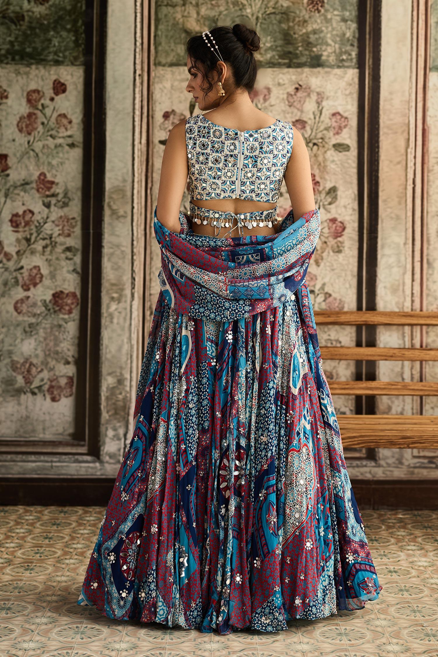 Blue Crepe, Georgette Mirrors, Sequins, Embroidery Teal Printed Lehenga Set - Designer Kurta Set