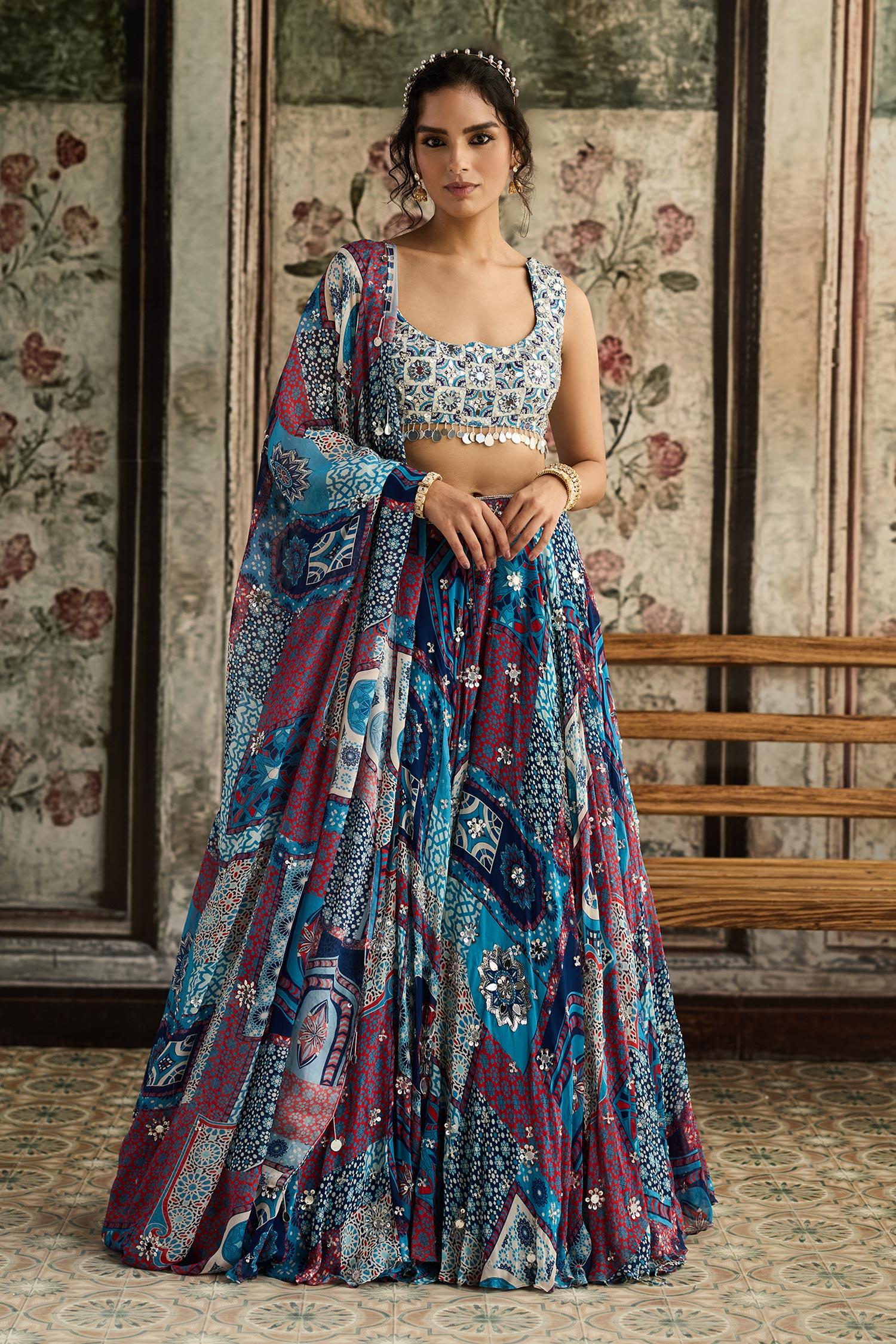 Blue Crepe, Georgette Mirrors, Sequins, Embroidery Teal Printed Lehenga Set - Designer Kurta Set