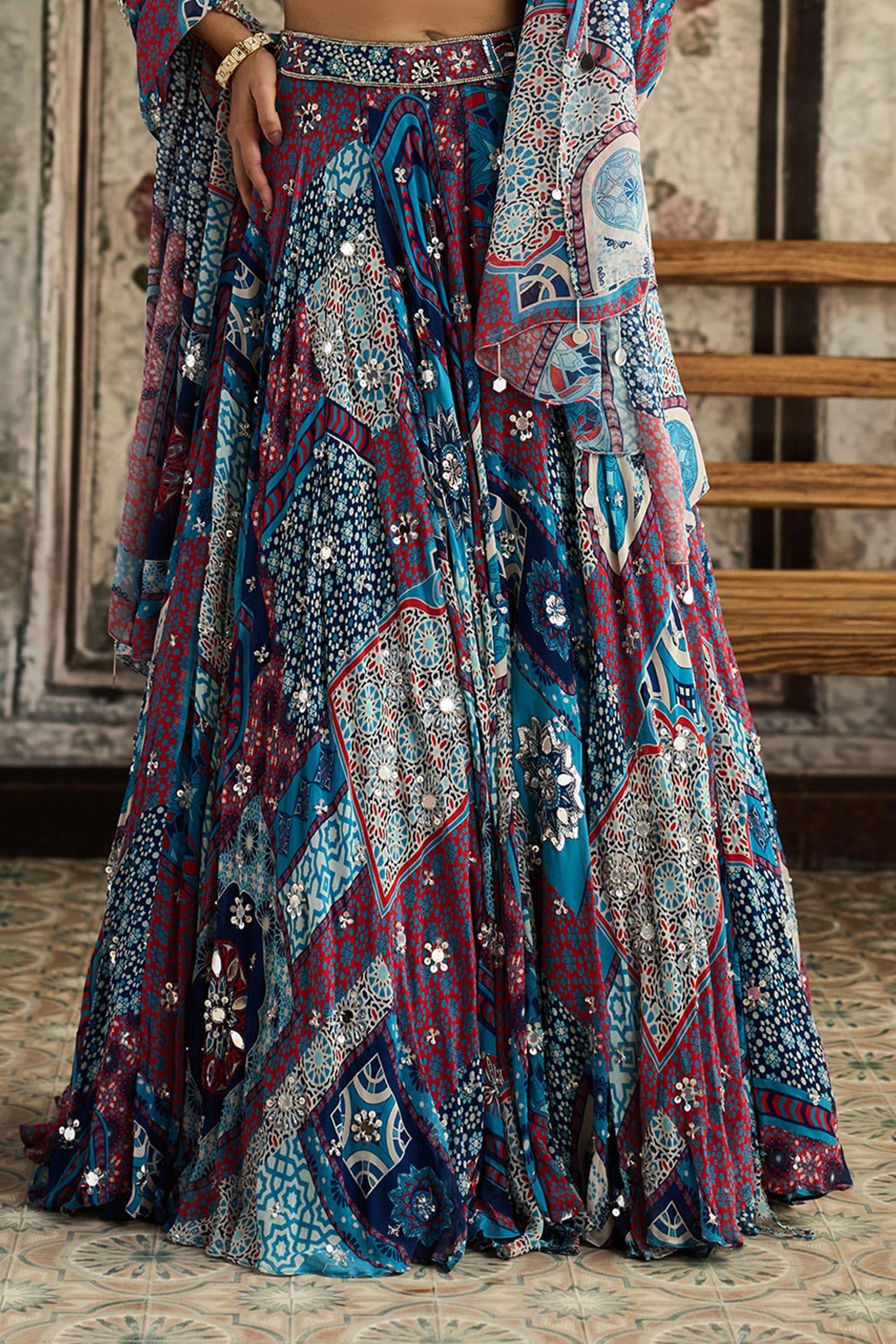 Blue Crepe, Georgette Mirrors, Sequins, Embroidery Teal Printed Lehenga Set - Designer Kurta Set