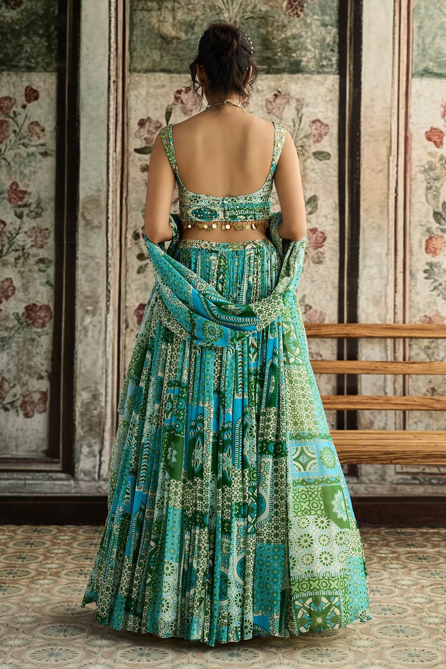 Blue Crepe, Georgette Sequins, Embroidery Aqua And Green Printed Lehenga Set - Designer Kurta Set